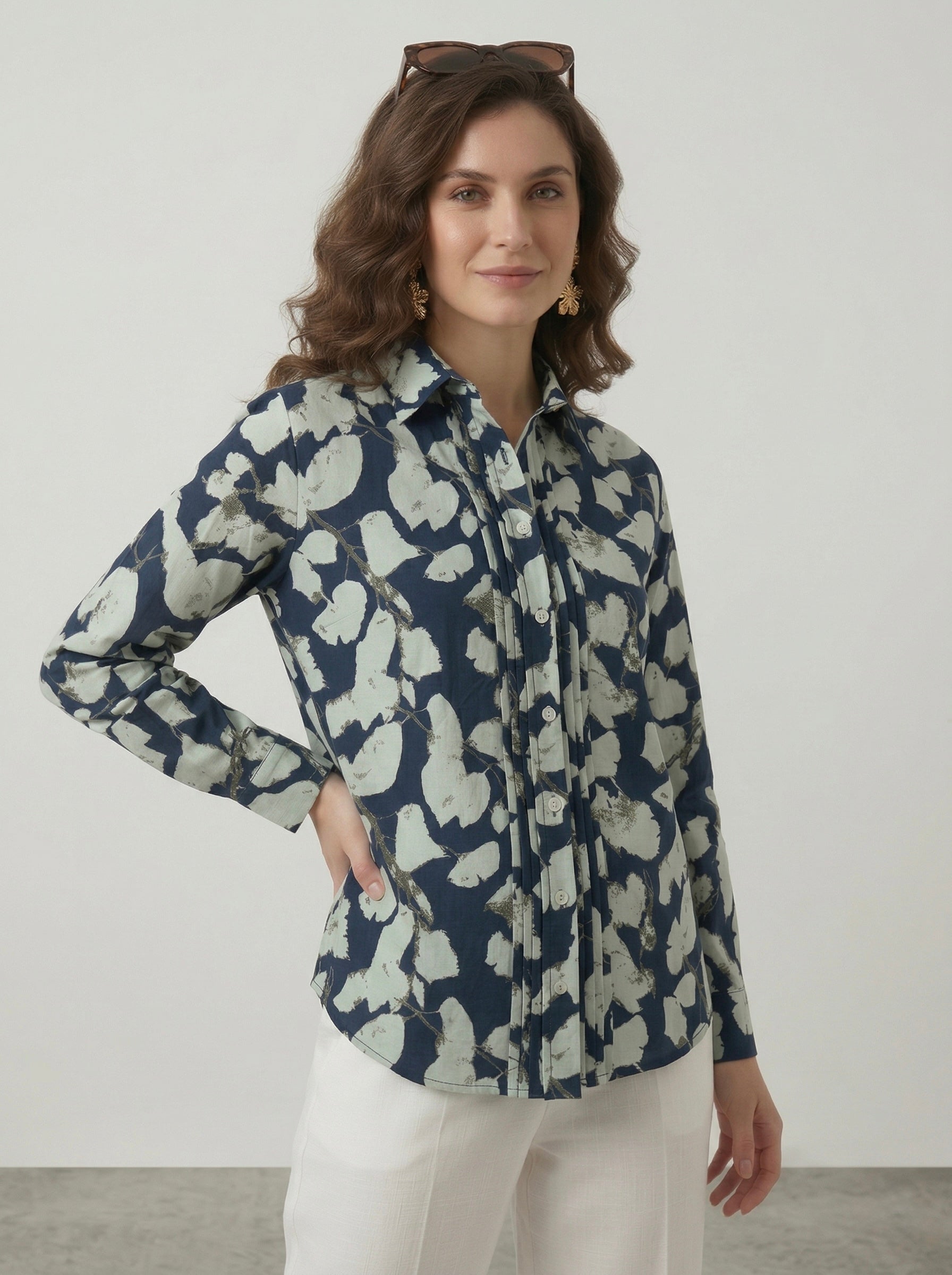 Midnight Petals: Navy Pintuck Shirt