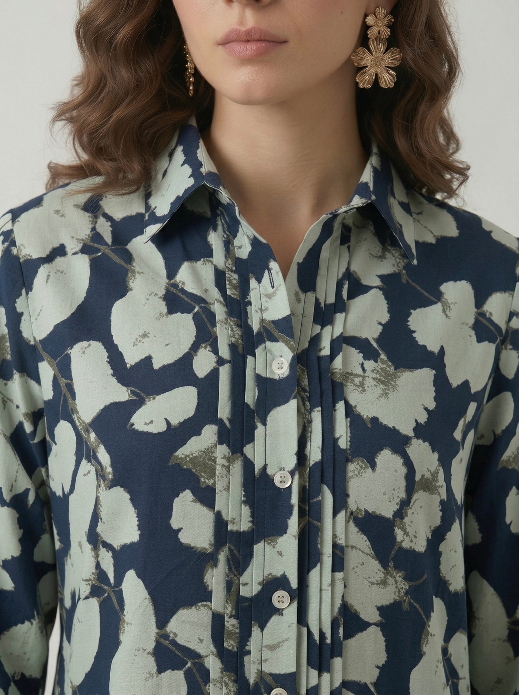 Midnight Petals: Navy Pintuck Shirt