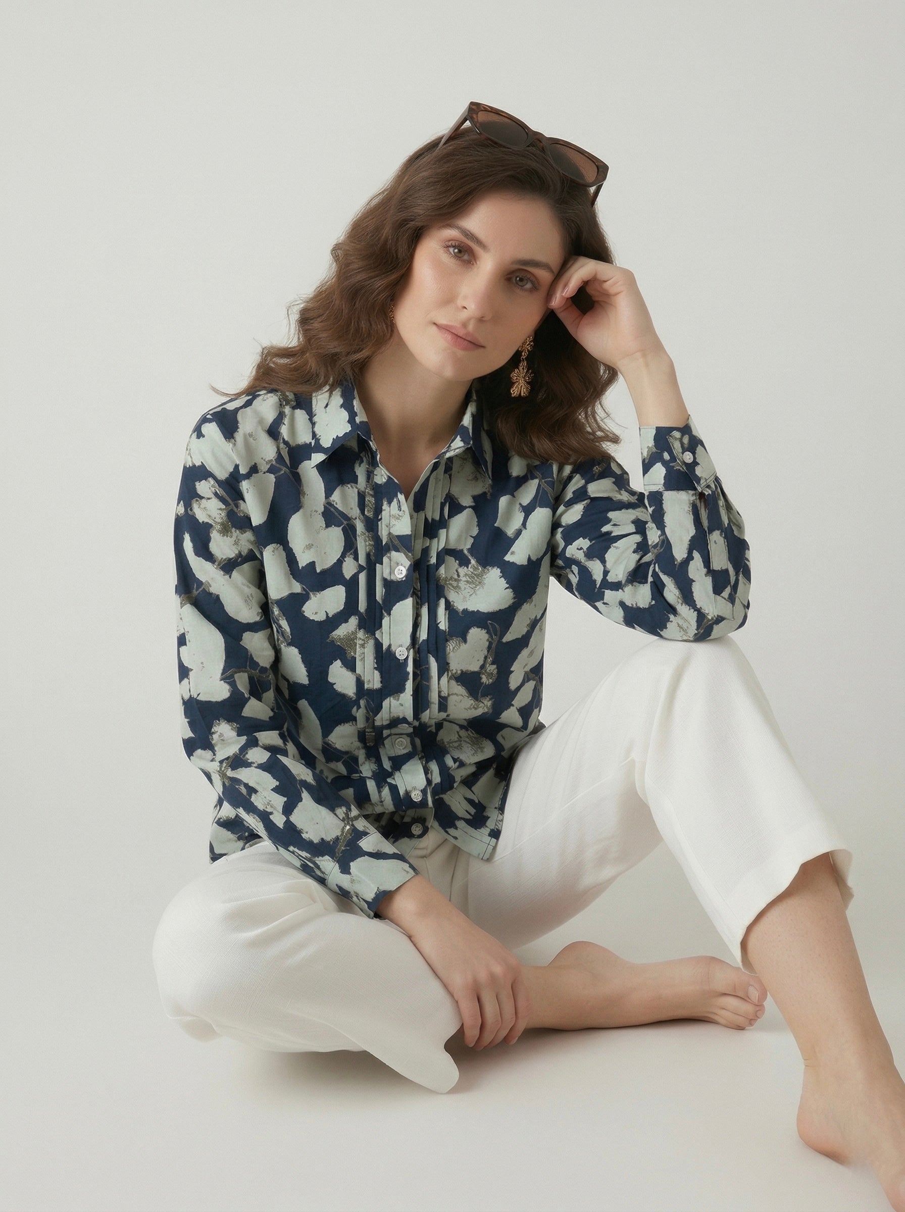 Midnight Petals: Navy Pintuck Shirt