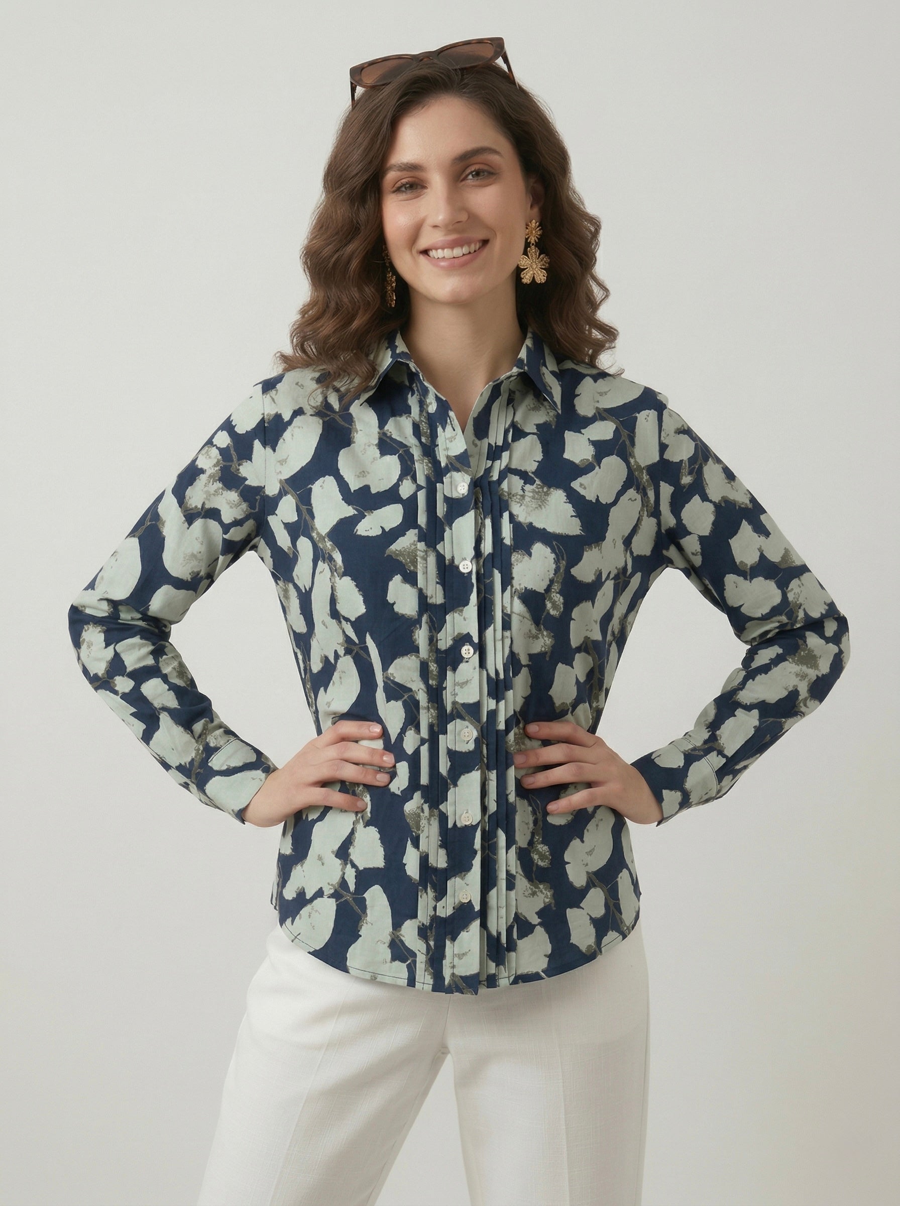 Midnight Petals: Navy Pintuck Shirt