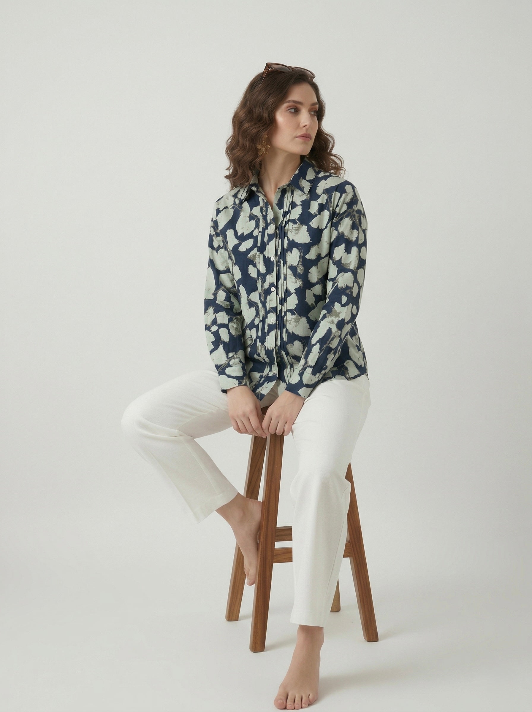 Midnight Petals: Navy Pintuck Shirt