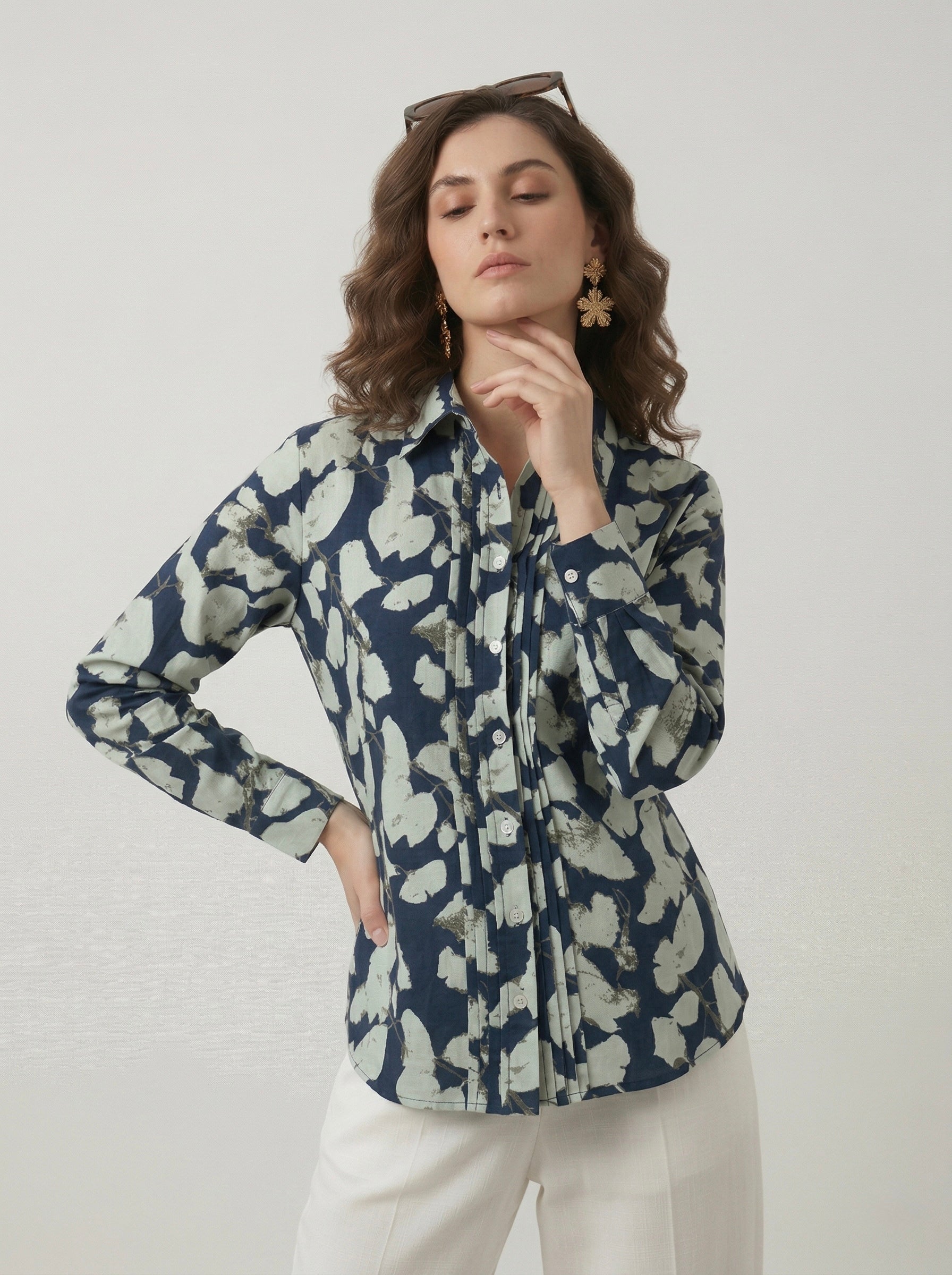 Midnight Petals: Navy Pintuck Shirt