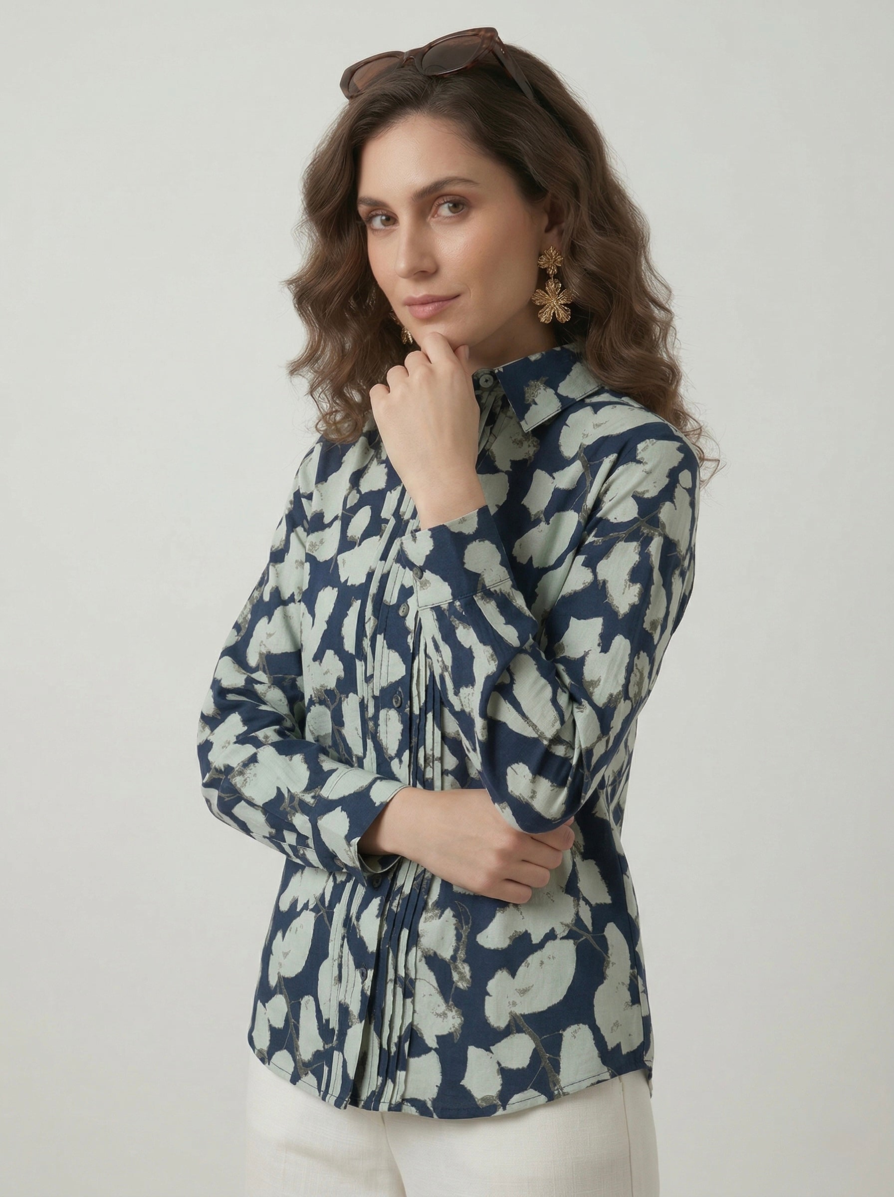 Midnight Petals: Navy Pintuck Shirt