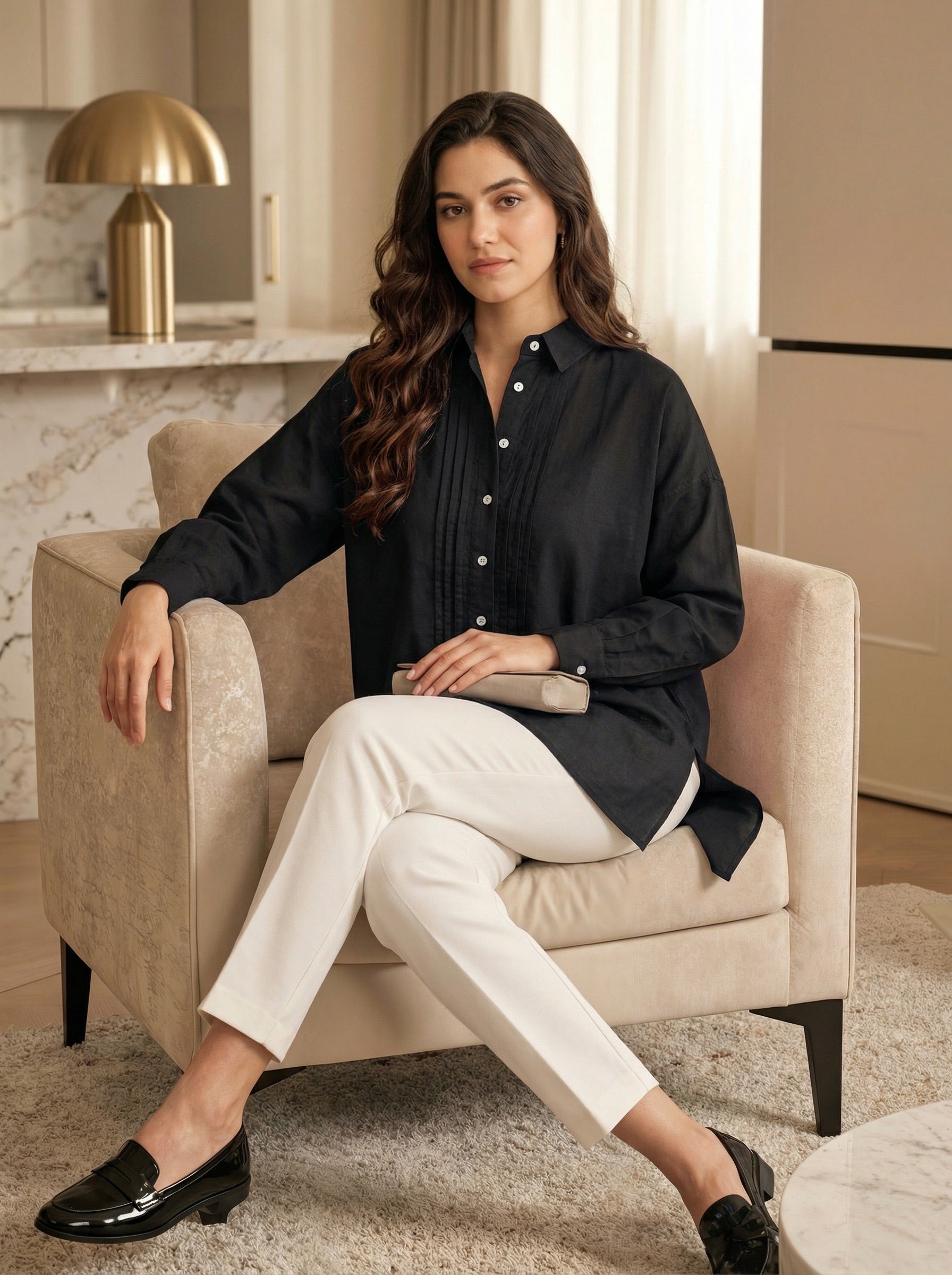 Oversized Fit Black Cotton Pintuck Shirt