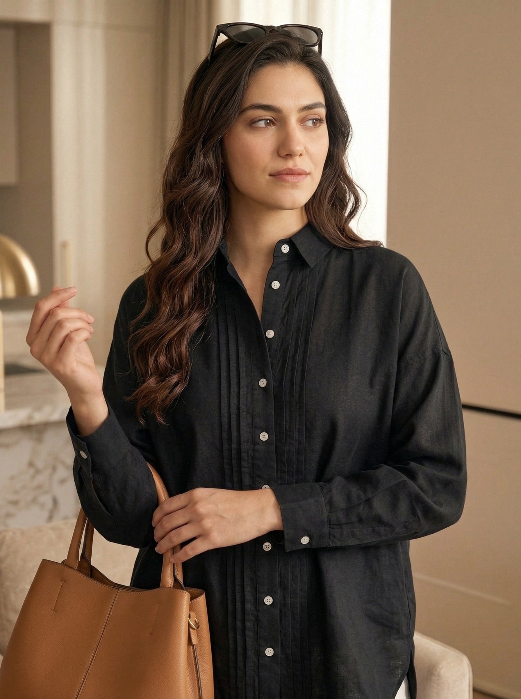 Oversized Fit Black Cotton Pintuck Shirt