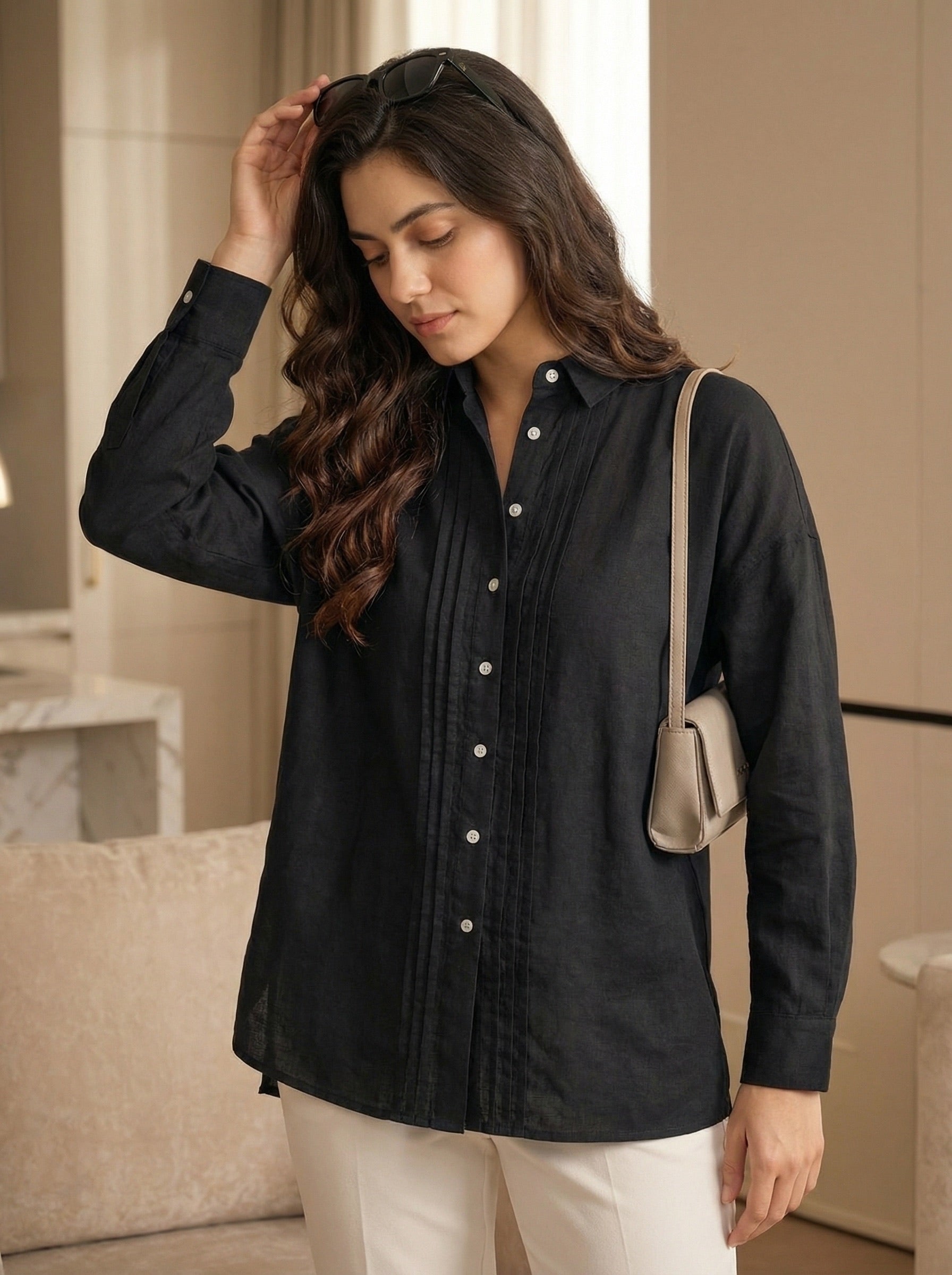 Noir Grace: Black Cotton Pintuck Shirt