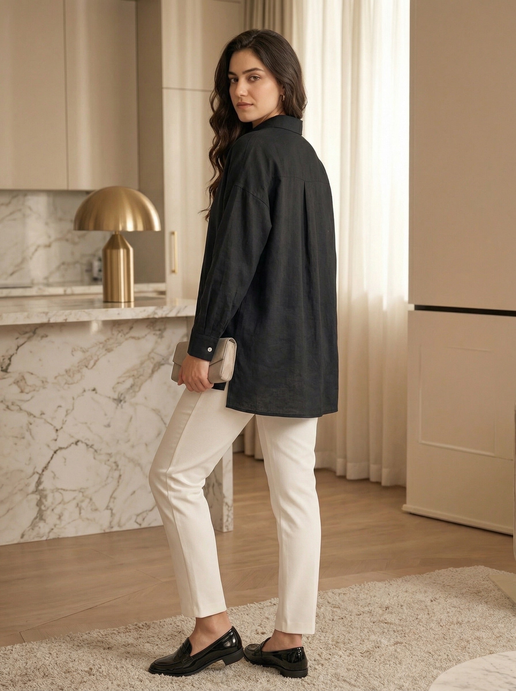 Oversized Fit Black Cotton Pintuck Shirt