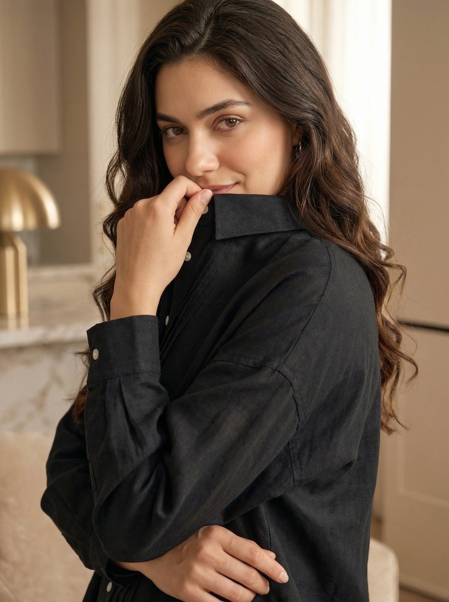 Oversized Fit Black Cotton Pintuck Shirt