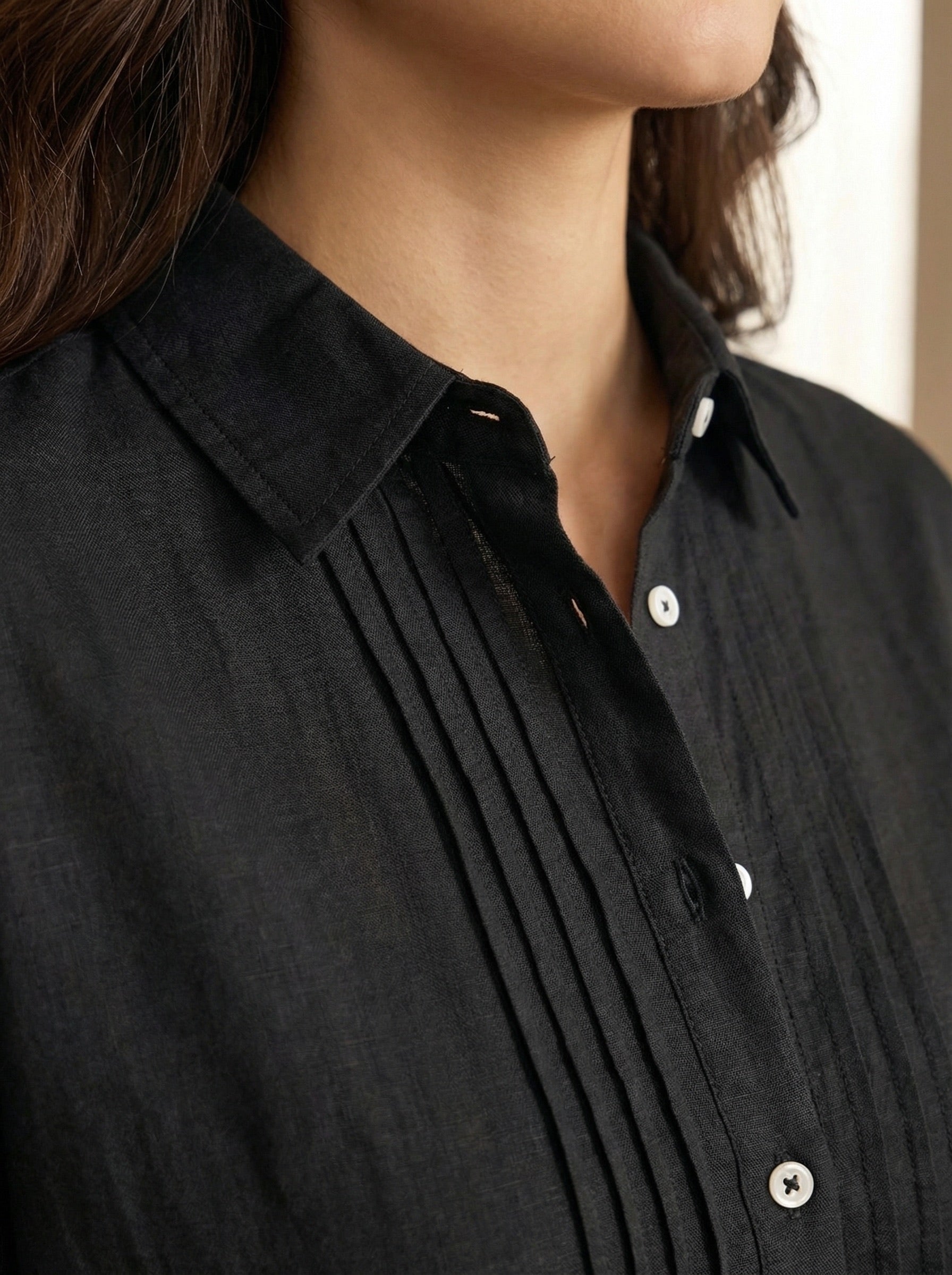 Oversized Fit Black Cotton Pintuck Shirt