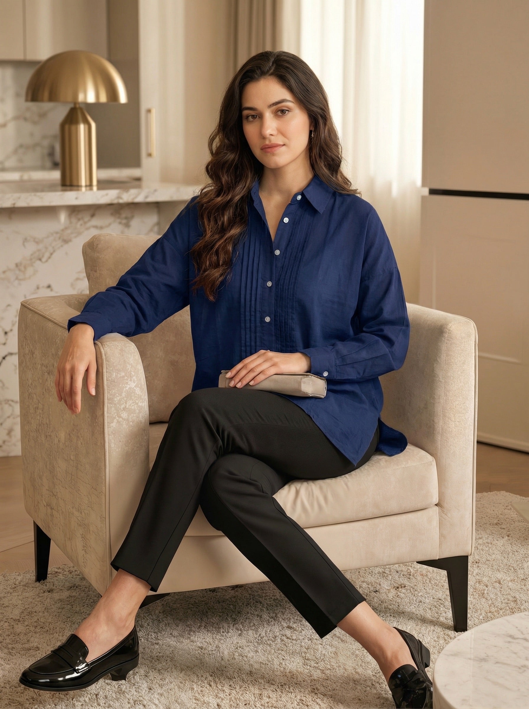 Crimson Poise: Navy Blue Cotton Pintuck Shirt