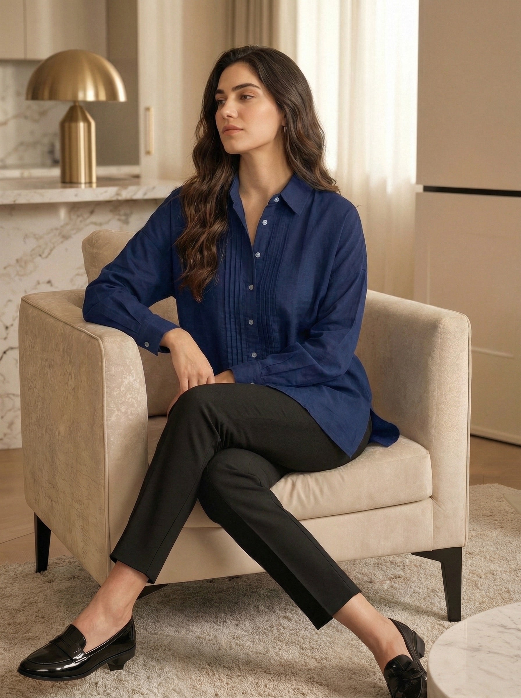 Crimson Poise: Navy Blue Cotton Pintuck Shirt