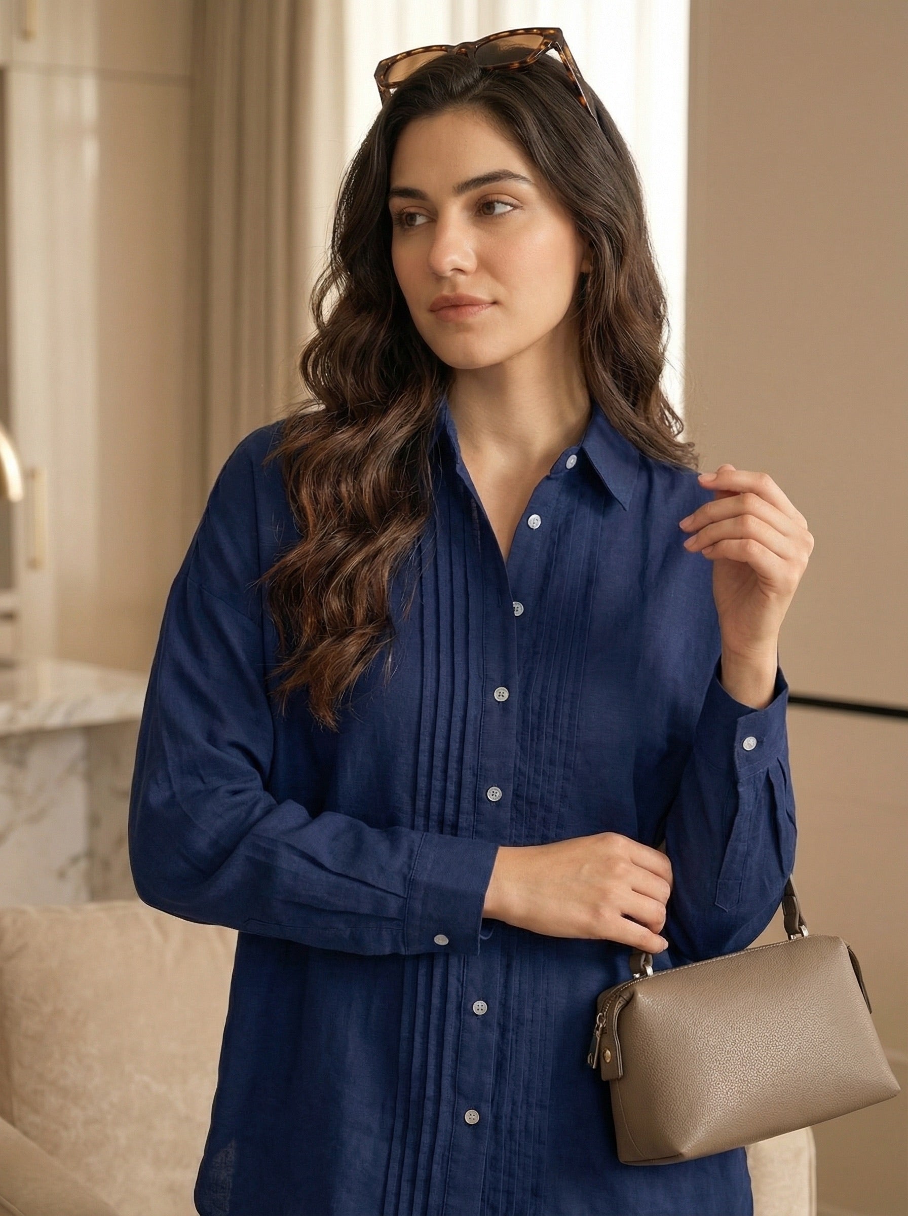 Crimson Poise: Navy Blue Cotton Pintuck Shirt