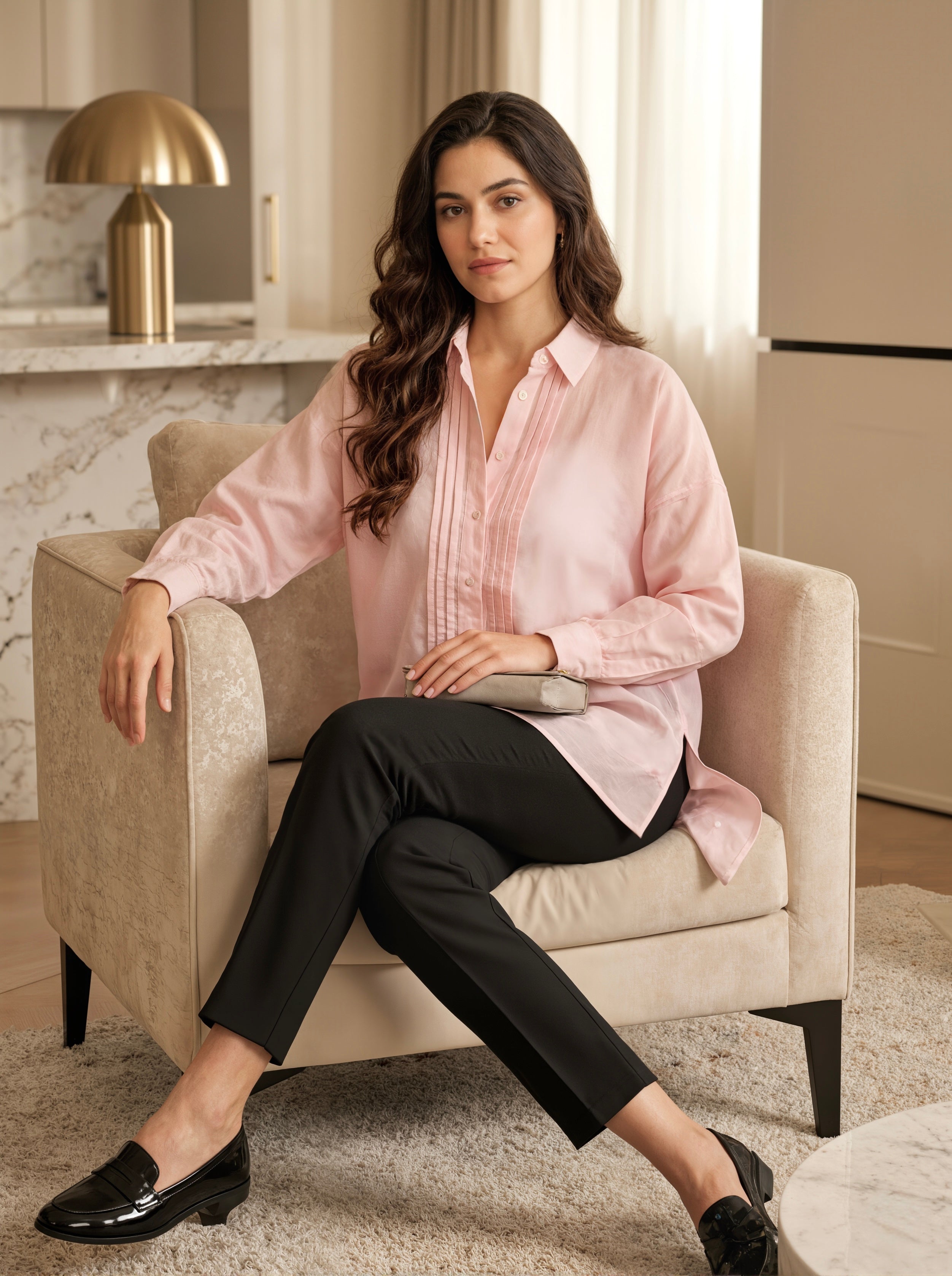 Crimson Poise: Solid Pink Cotton Pintuck Shirt
