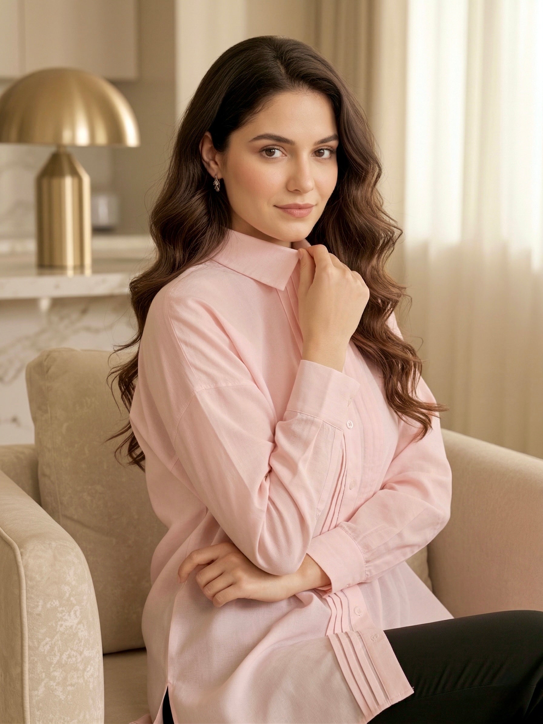 Crimson Poise: Solid Pink Cotton Pintuck Shirt