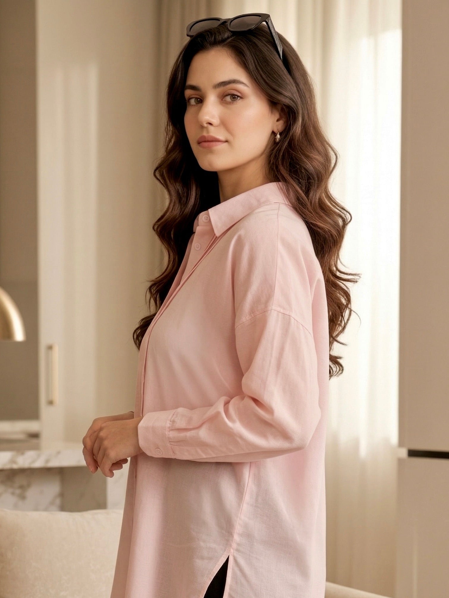 Crimson Poise: Solid Pink Cotton Pintuck Shirt