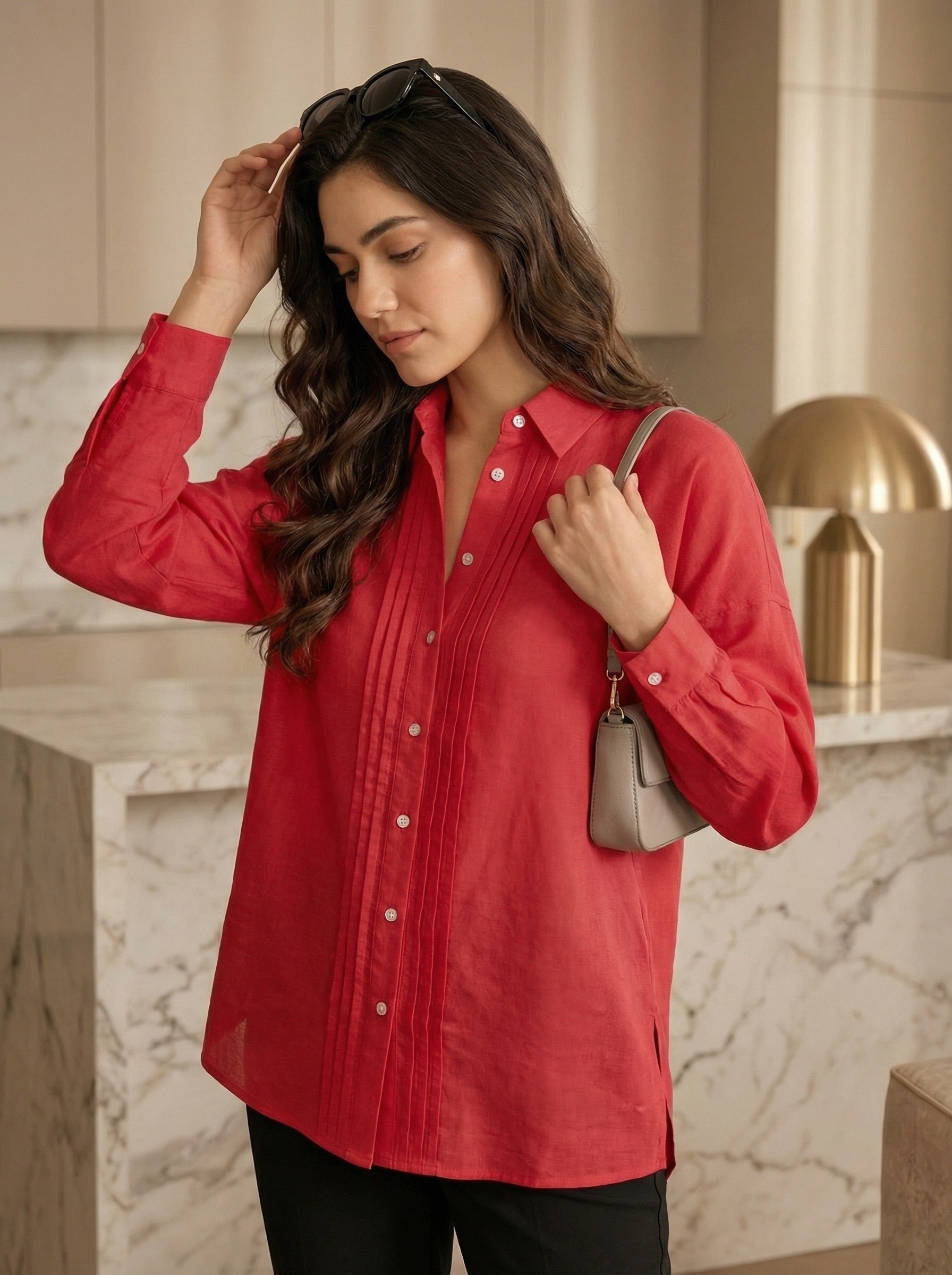 Crimson Poise: Solid Red Cotton Pintuck Shirt