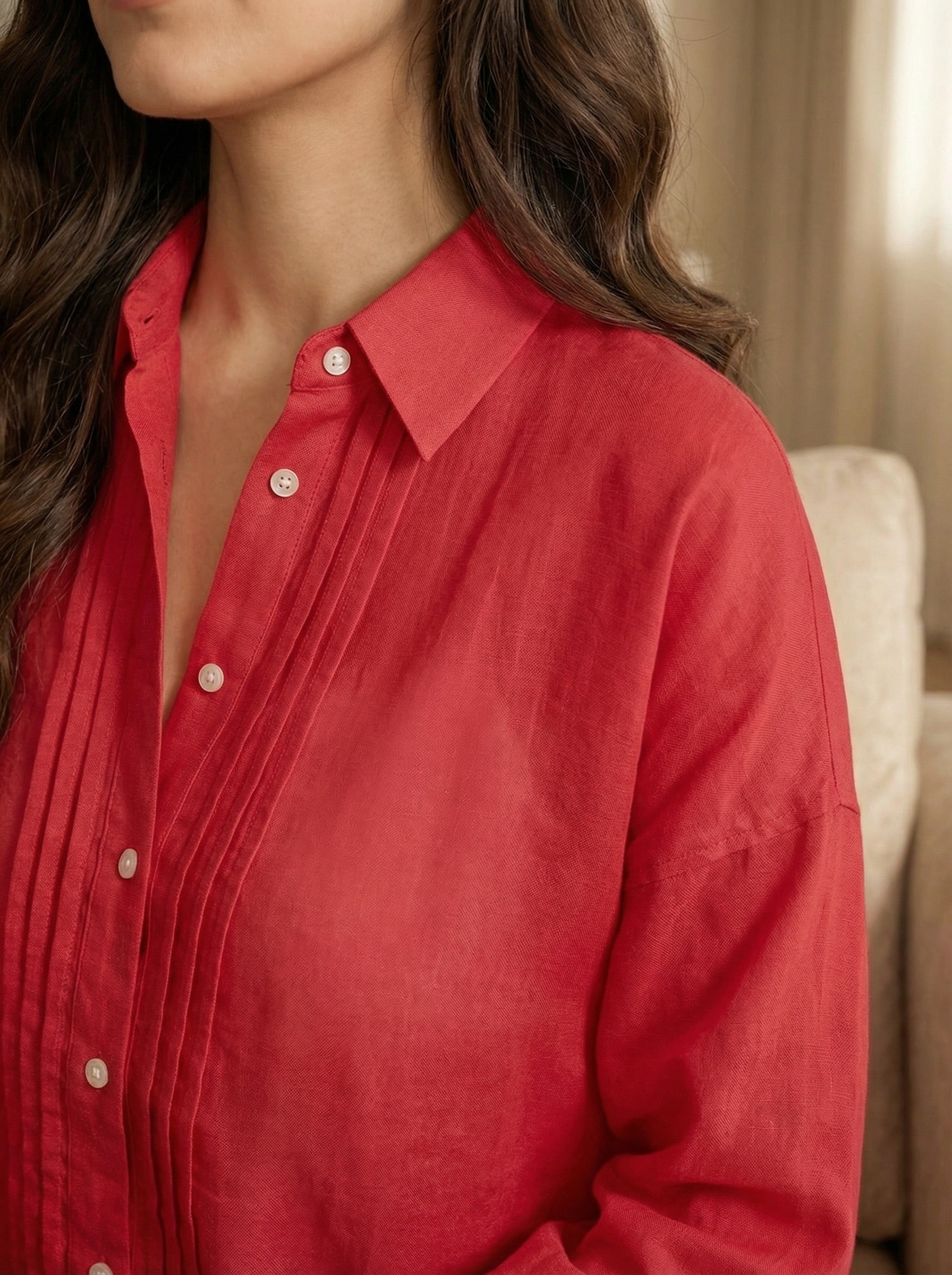Crimson Poise: Solid Red Cotton Pintuck Shirt