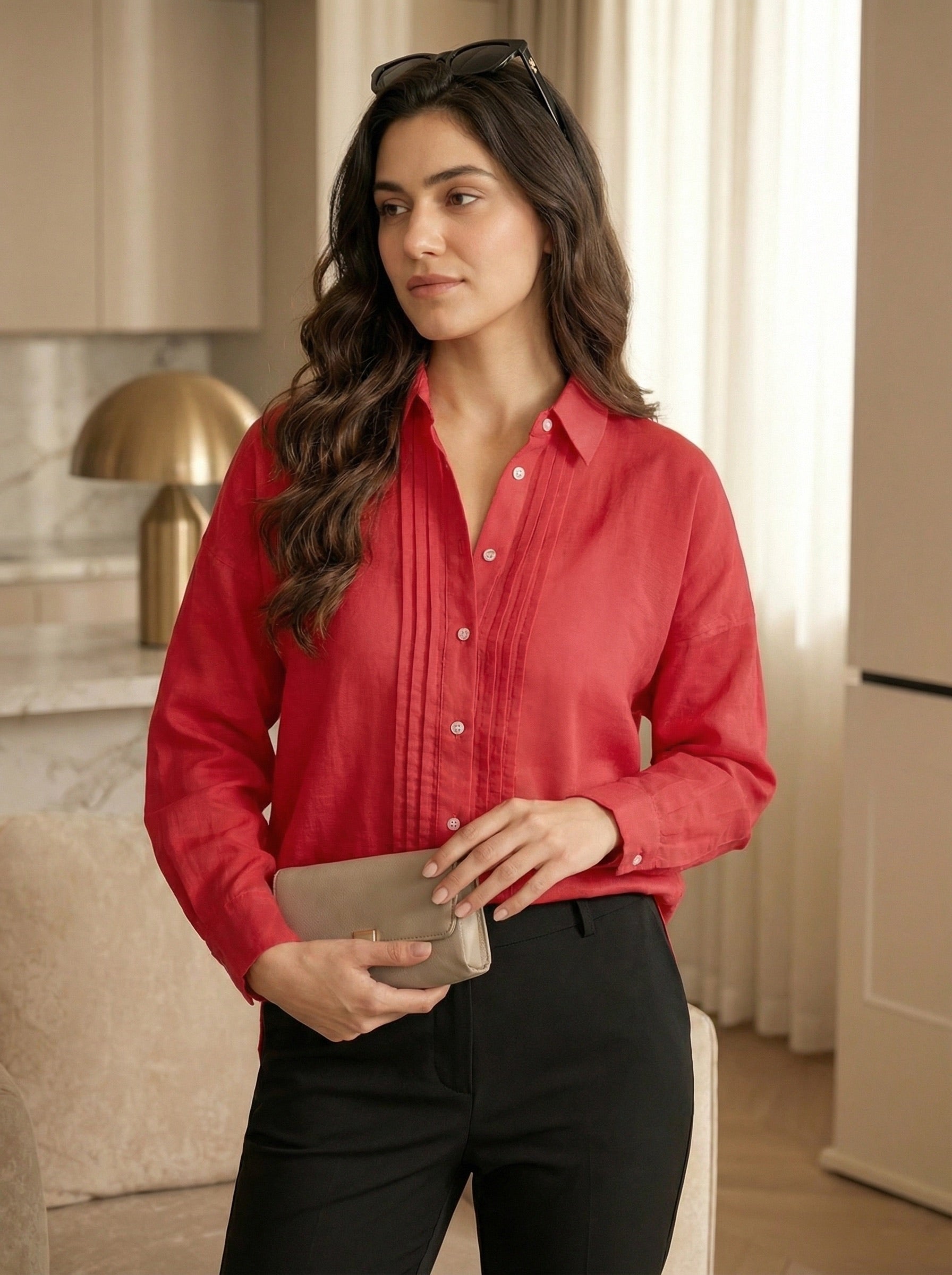 Crimson Poise: Solid Red Cotton Pintuck Shirt
