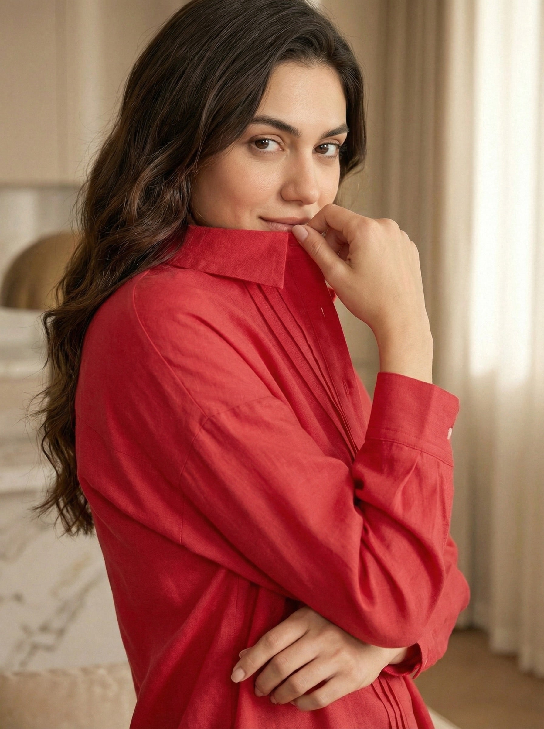 Crimson Poise: Solid Red Cotton Pintuck Shirt