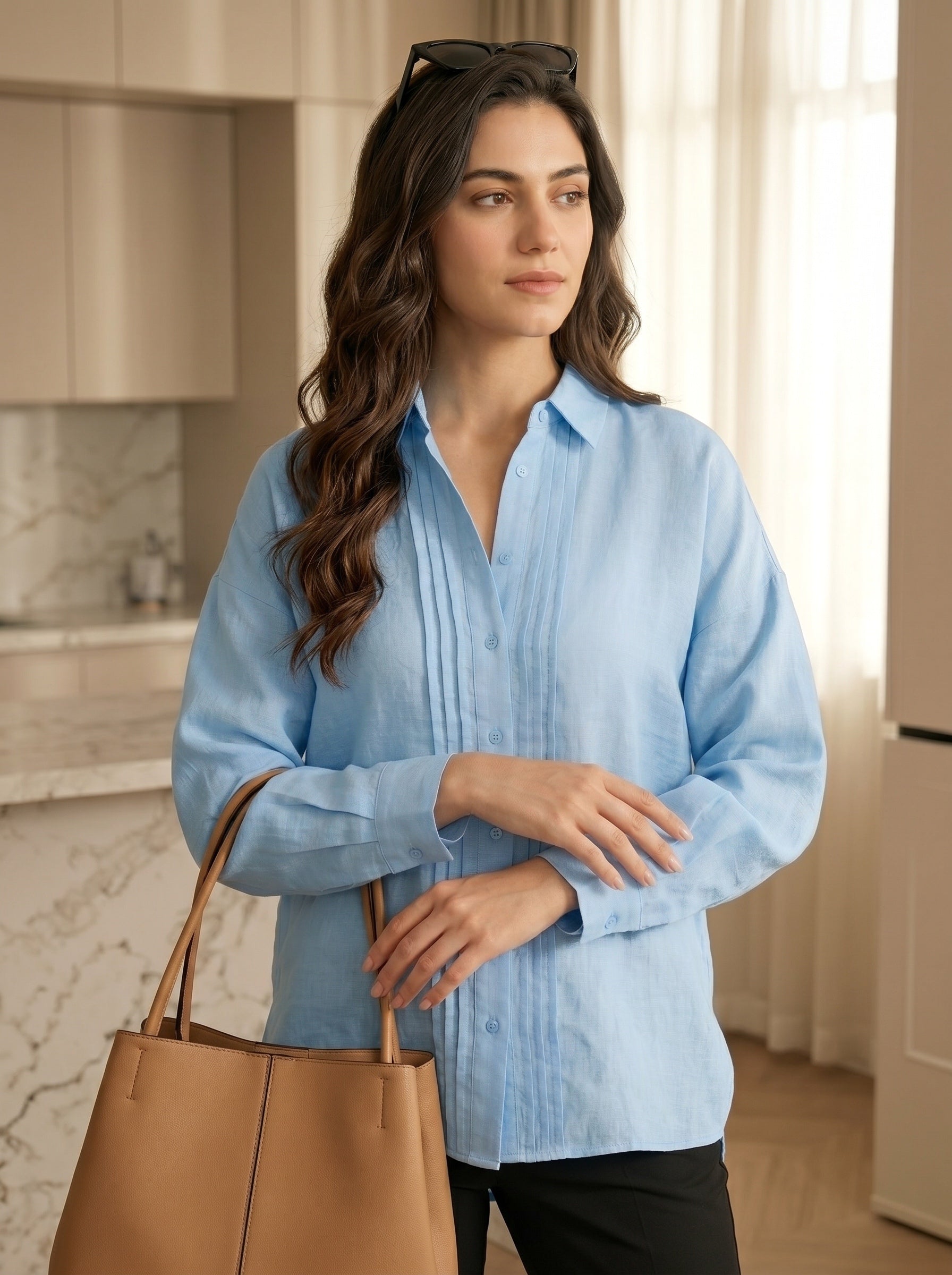 Skyline Ease: Sky Blue Cotton Pintuck Shirt