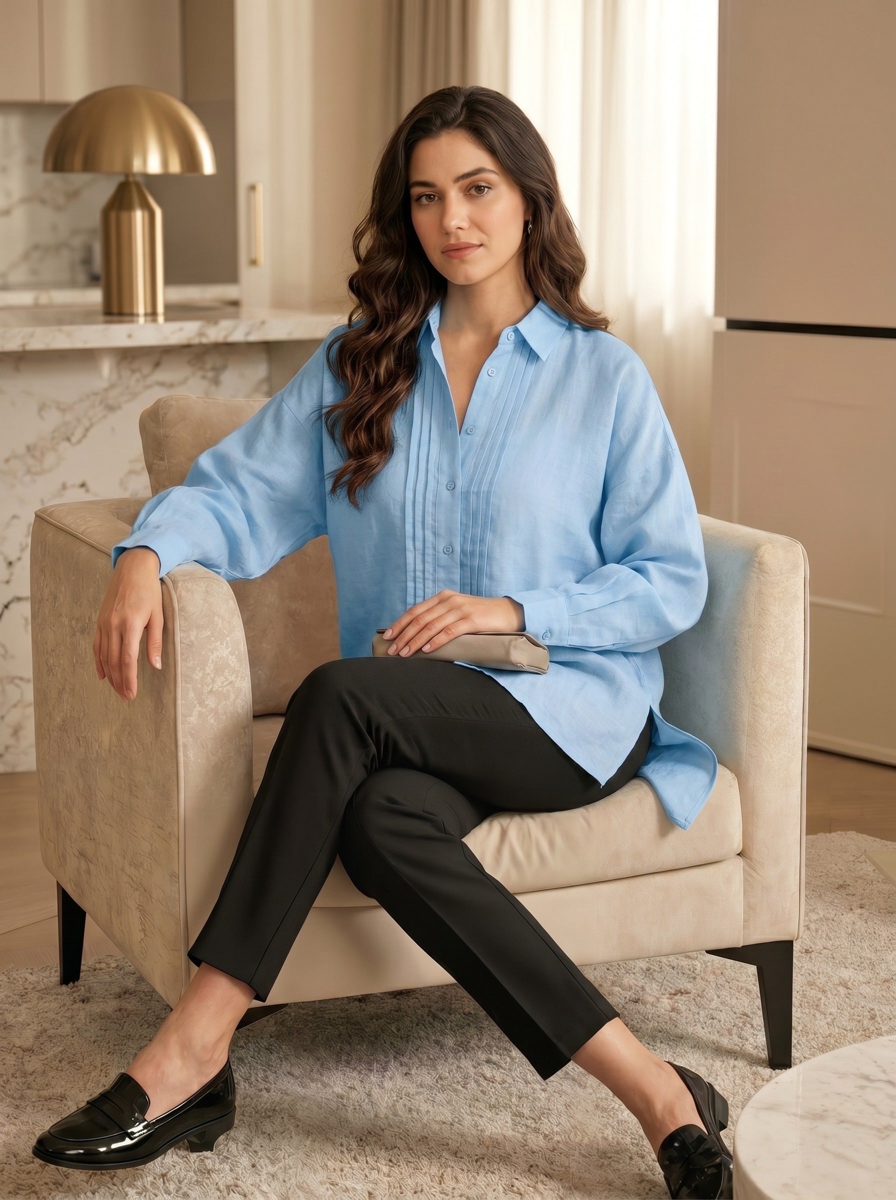 Skyline Ease: Sky Blue Cotton Pintuck Shirt