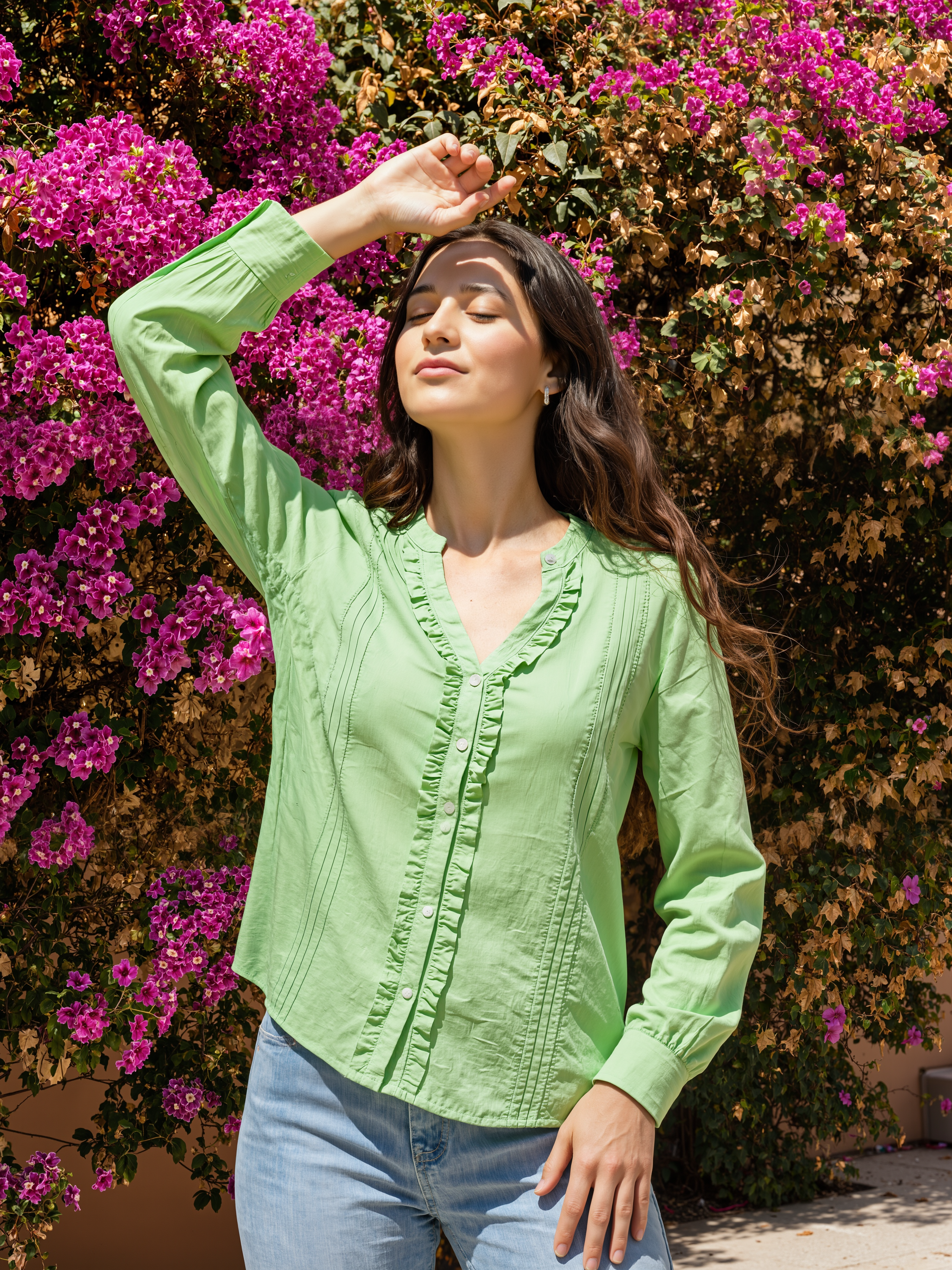 Glam Green: Ruffle-Front Cotton Shirt