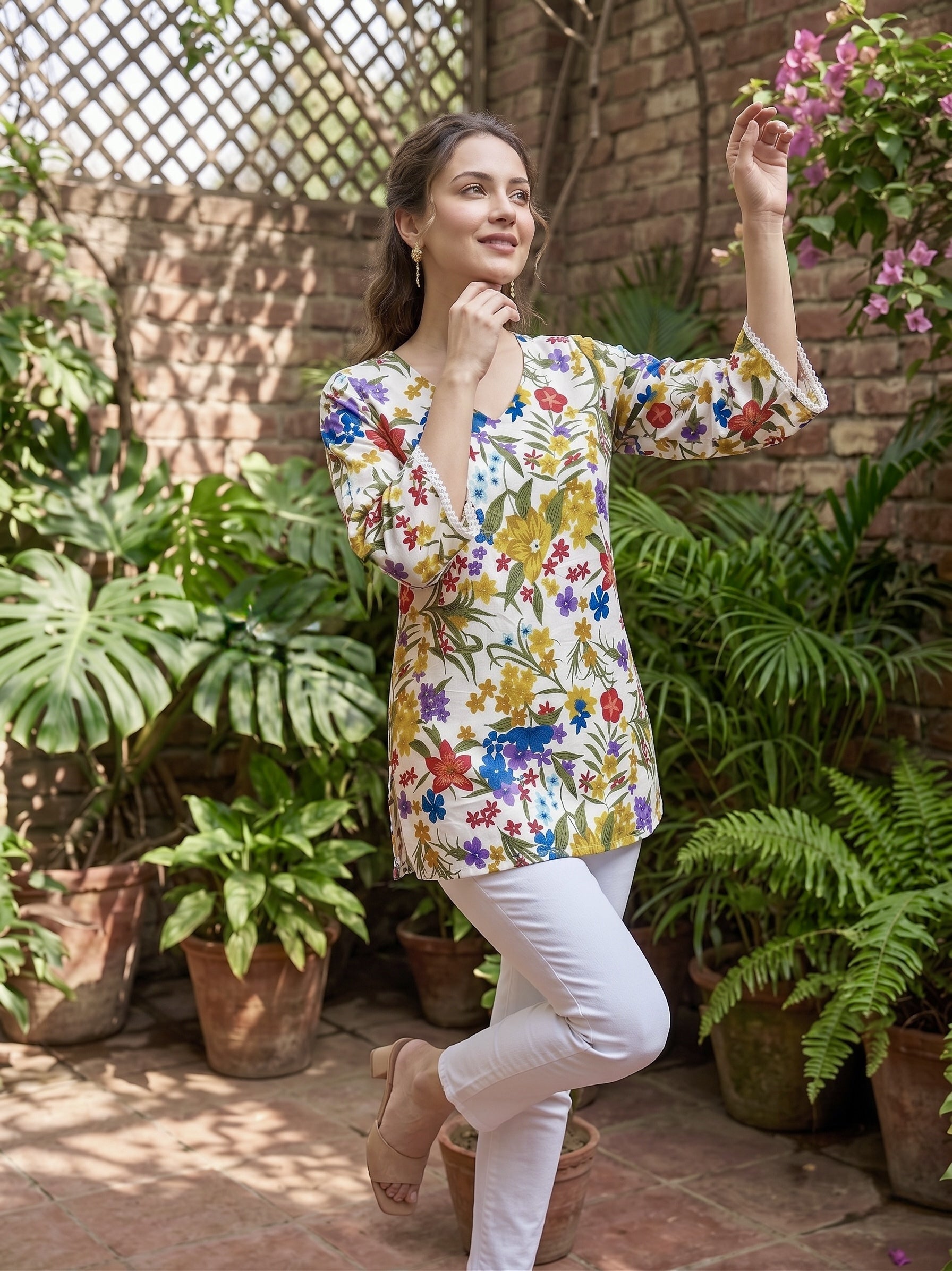 Wildflower Melody: Multicolor Floral Cotton Short Kurti