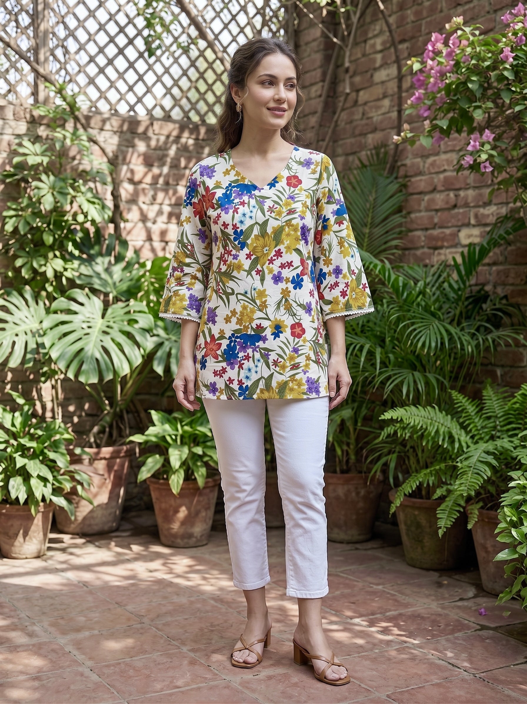 Wildflower Melody: Multicolor Floral Cotton Short Kurti