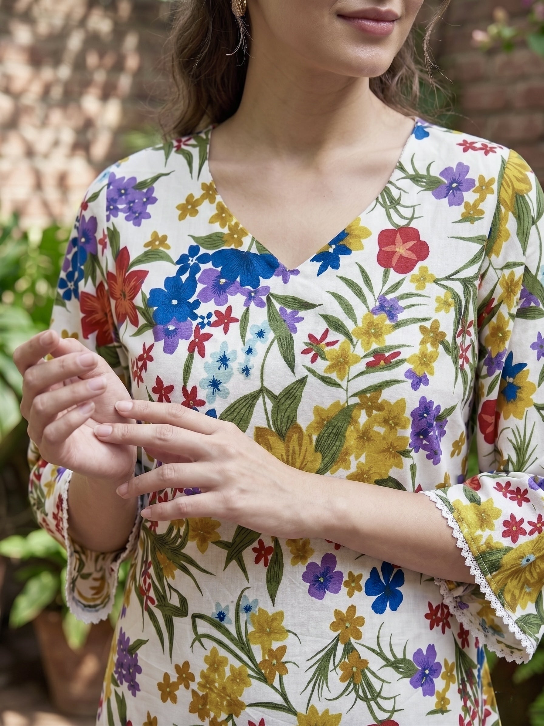 Wildflower Melody: Multicolor Floral Cotton Short Kurti