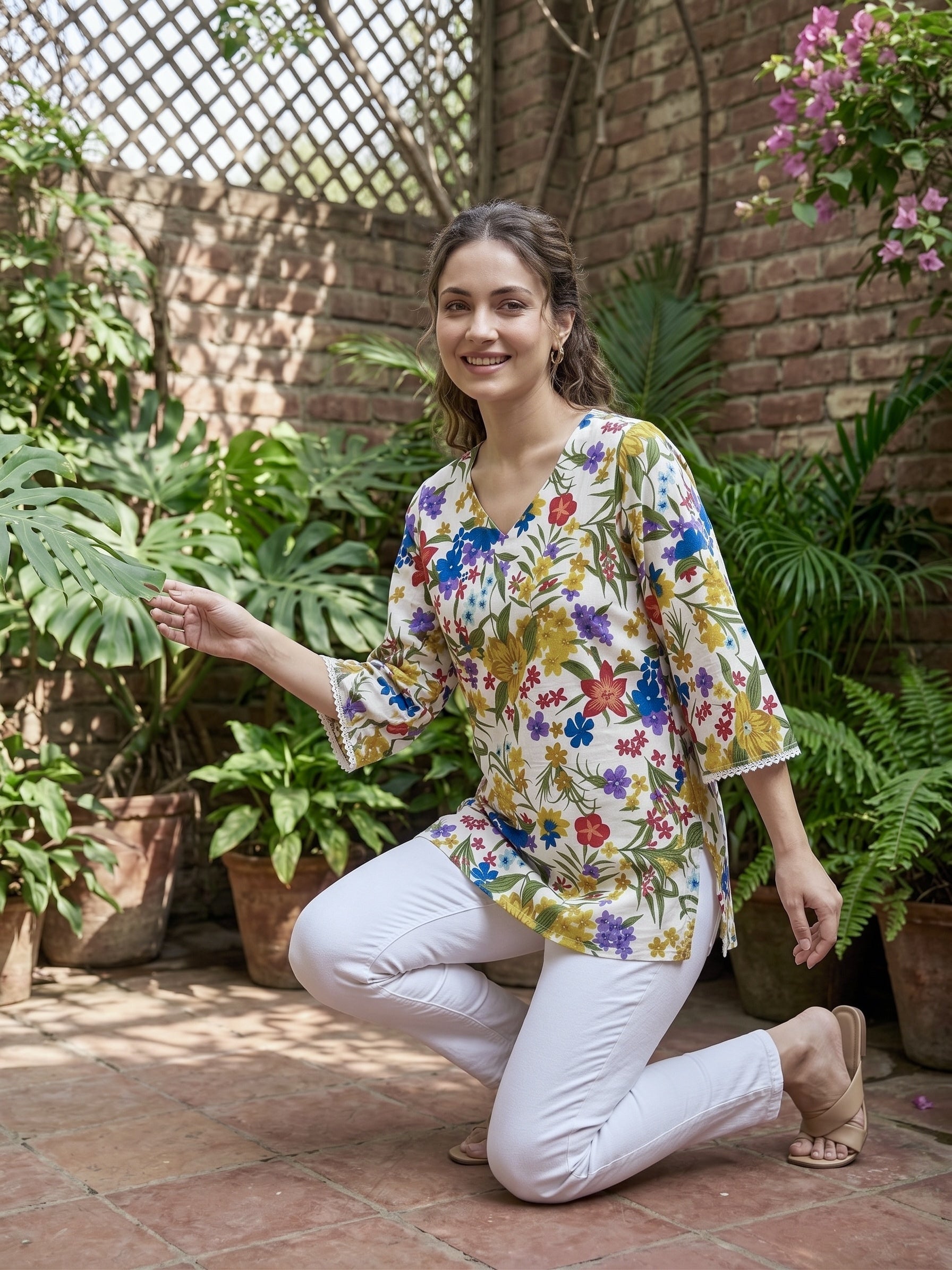 Wildflower Melody: Multicolor Floral Cotton Short Kurti