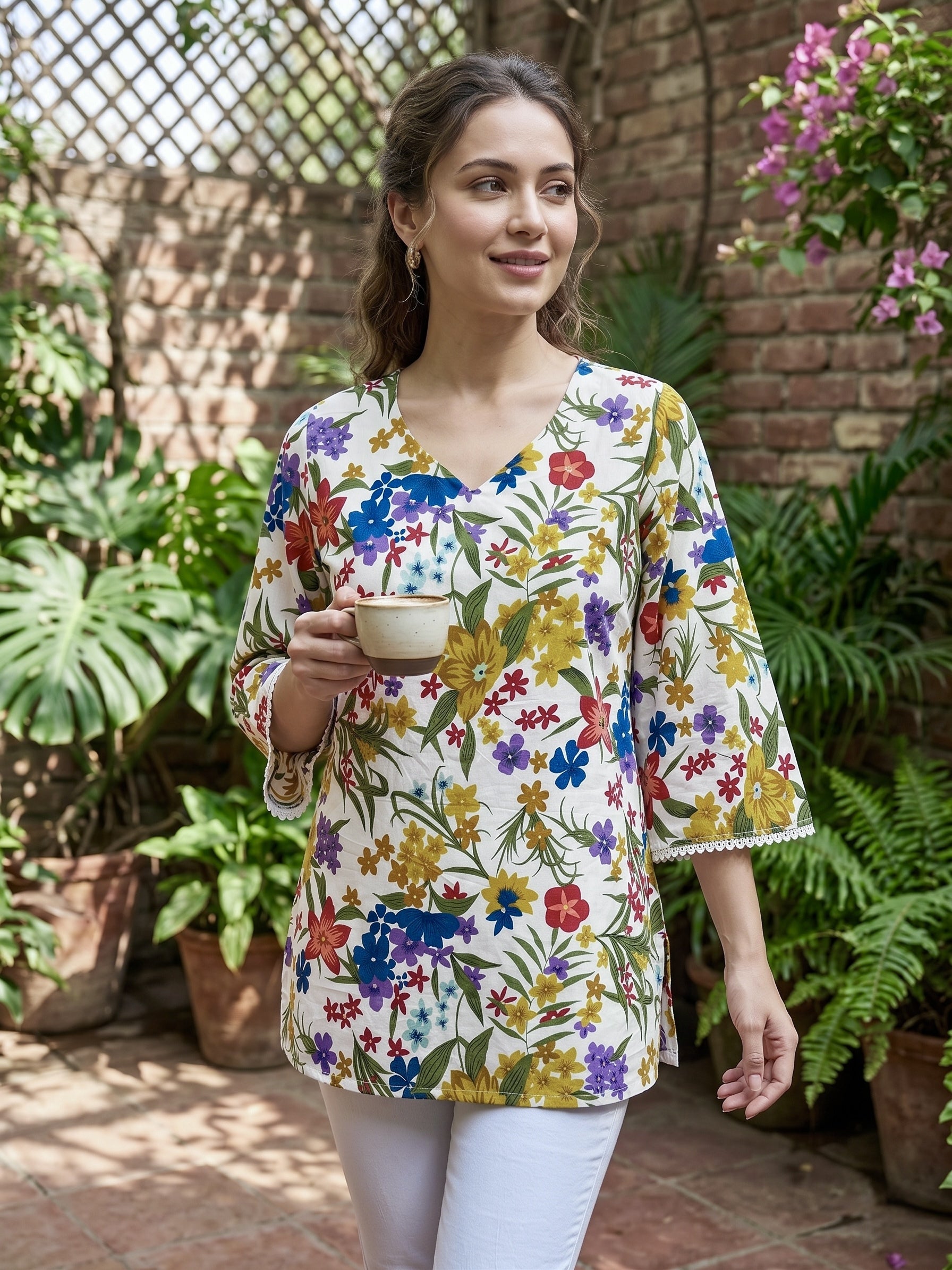 Wildflower Melody: Multicolor Floral Cotton Short Kurti