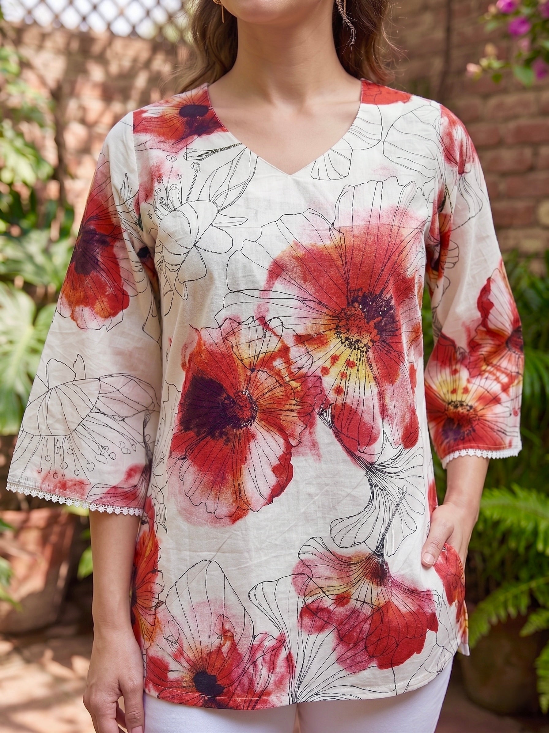 Scarlet Petals: Floral Cotton Short Kurti