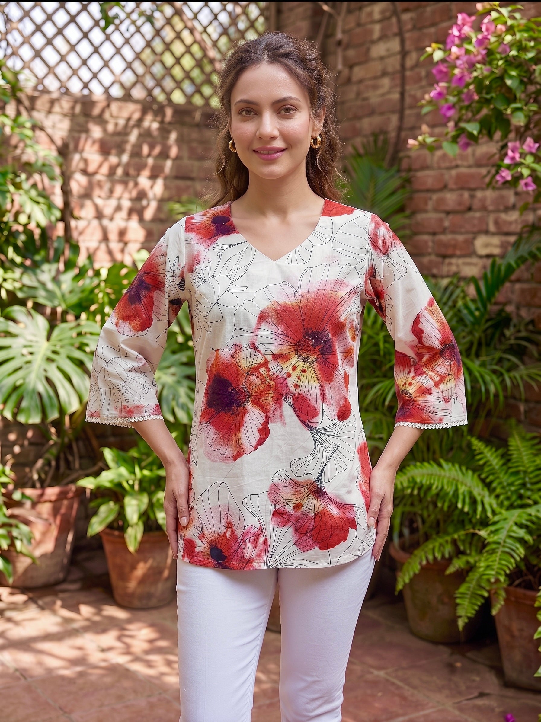 Scarlet Petals: Floral Cotton Short Kurti