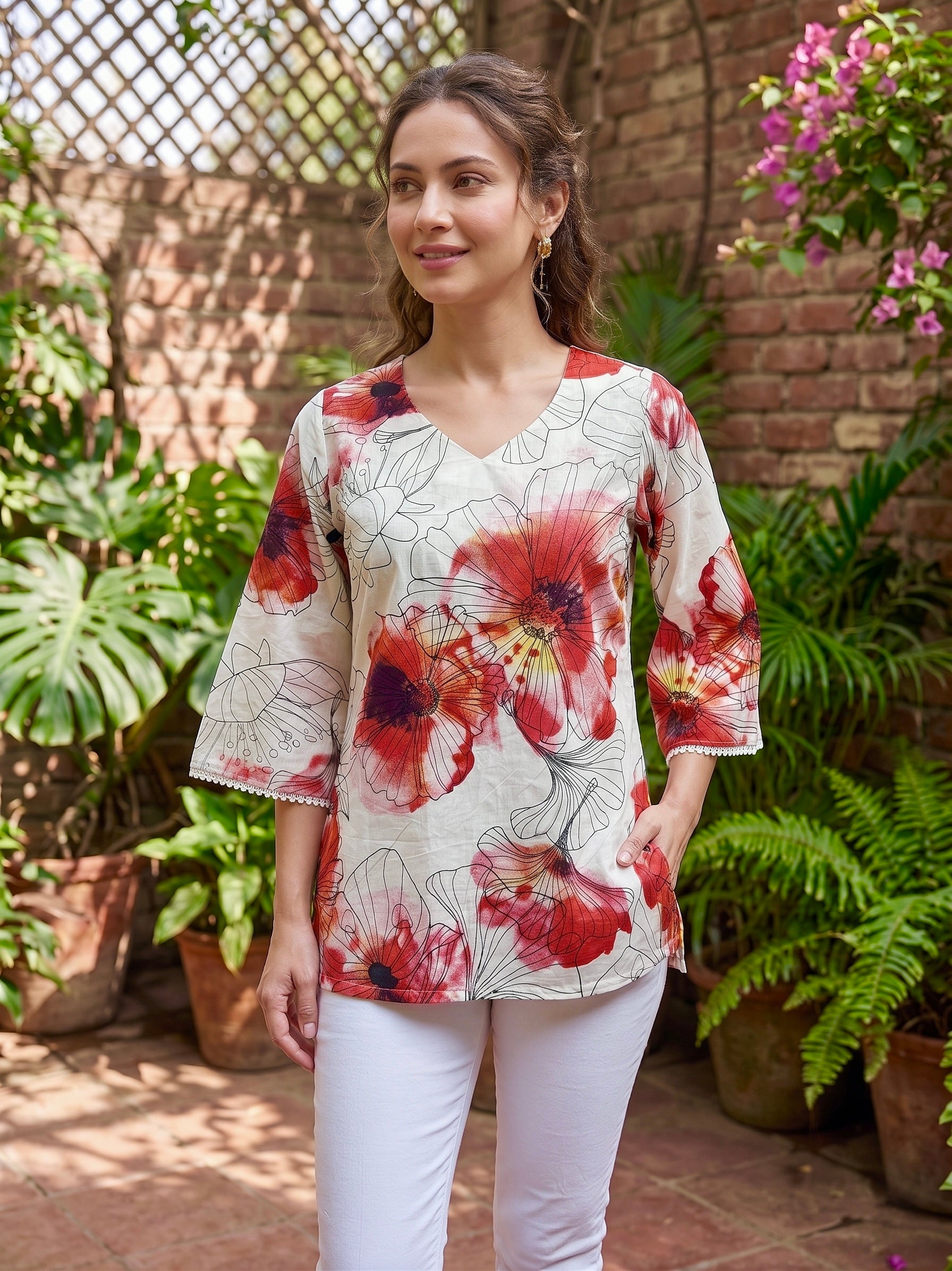 Scarlet Petals: Floral Cotton Short Kurti