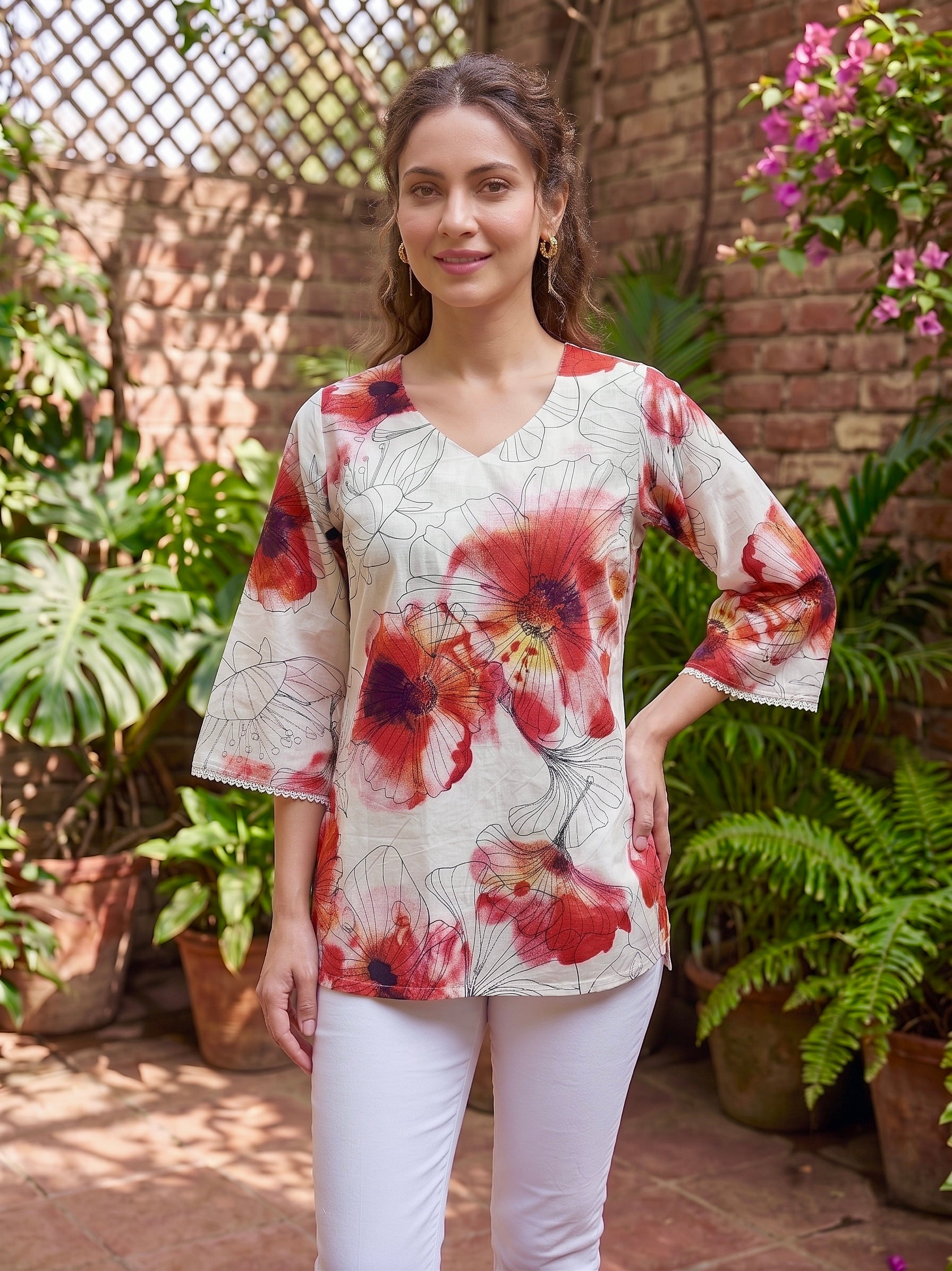 Scarlet Petals: Floral Cotton Short Kurti