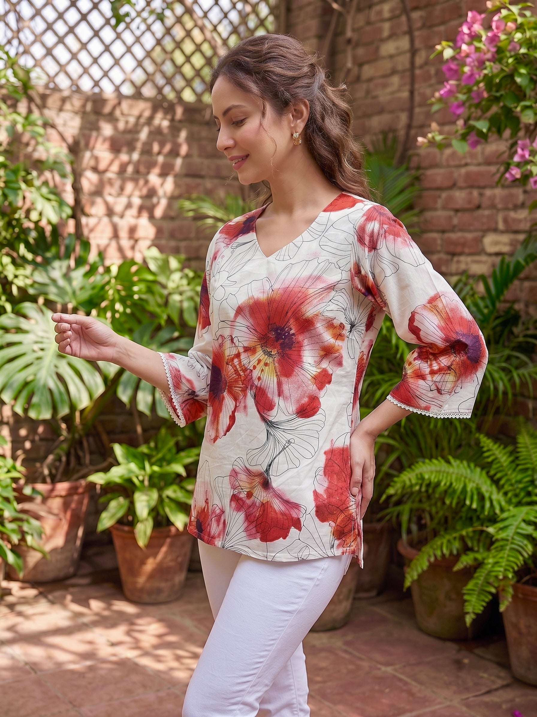 Scarlet Petals: Floral Cotton Short Kurti