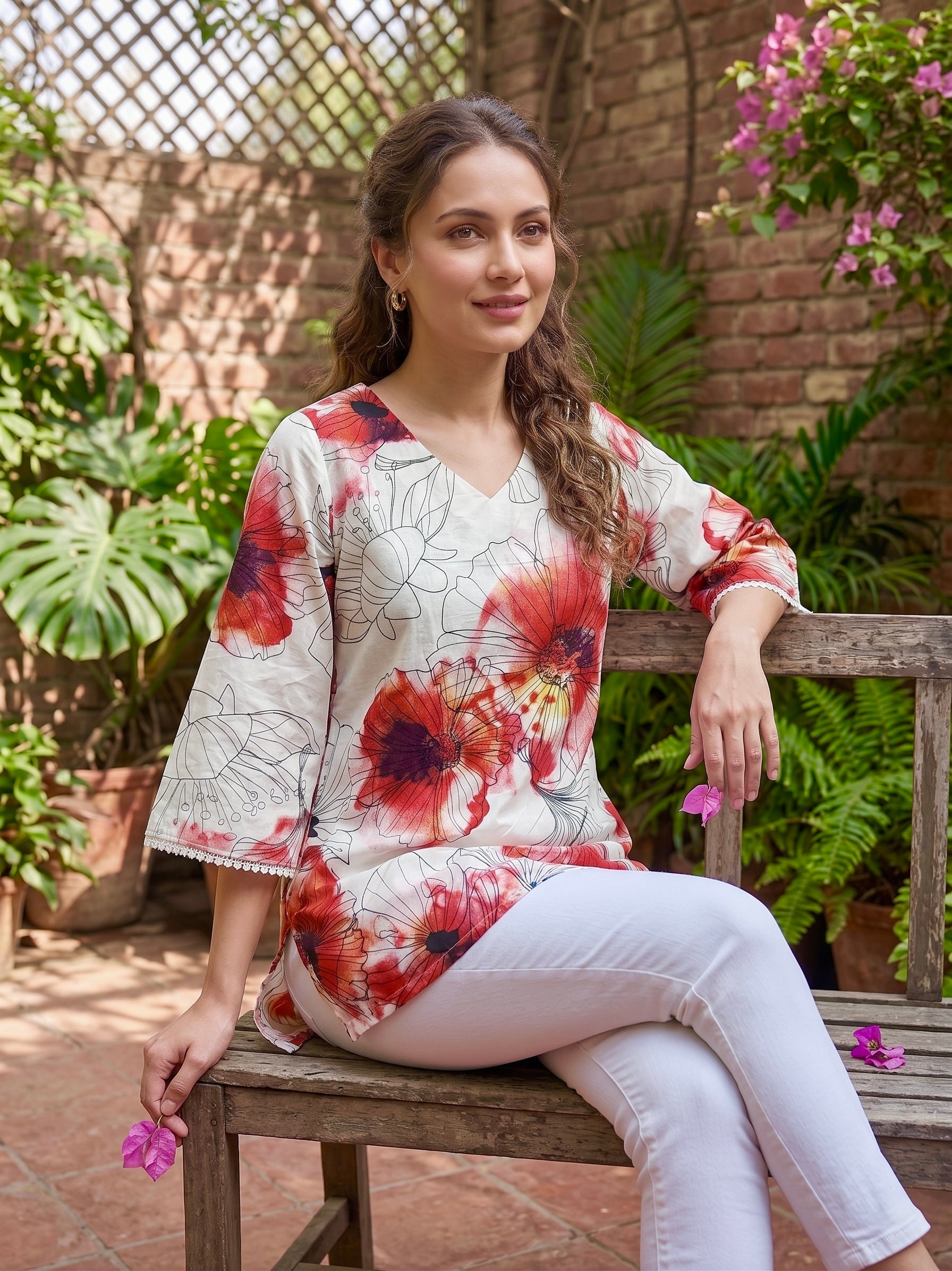 Scarlet Petals: Floral Cotton Short Kurti