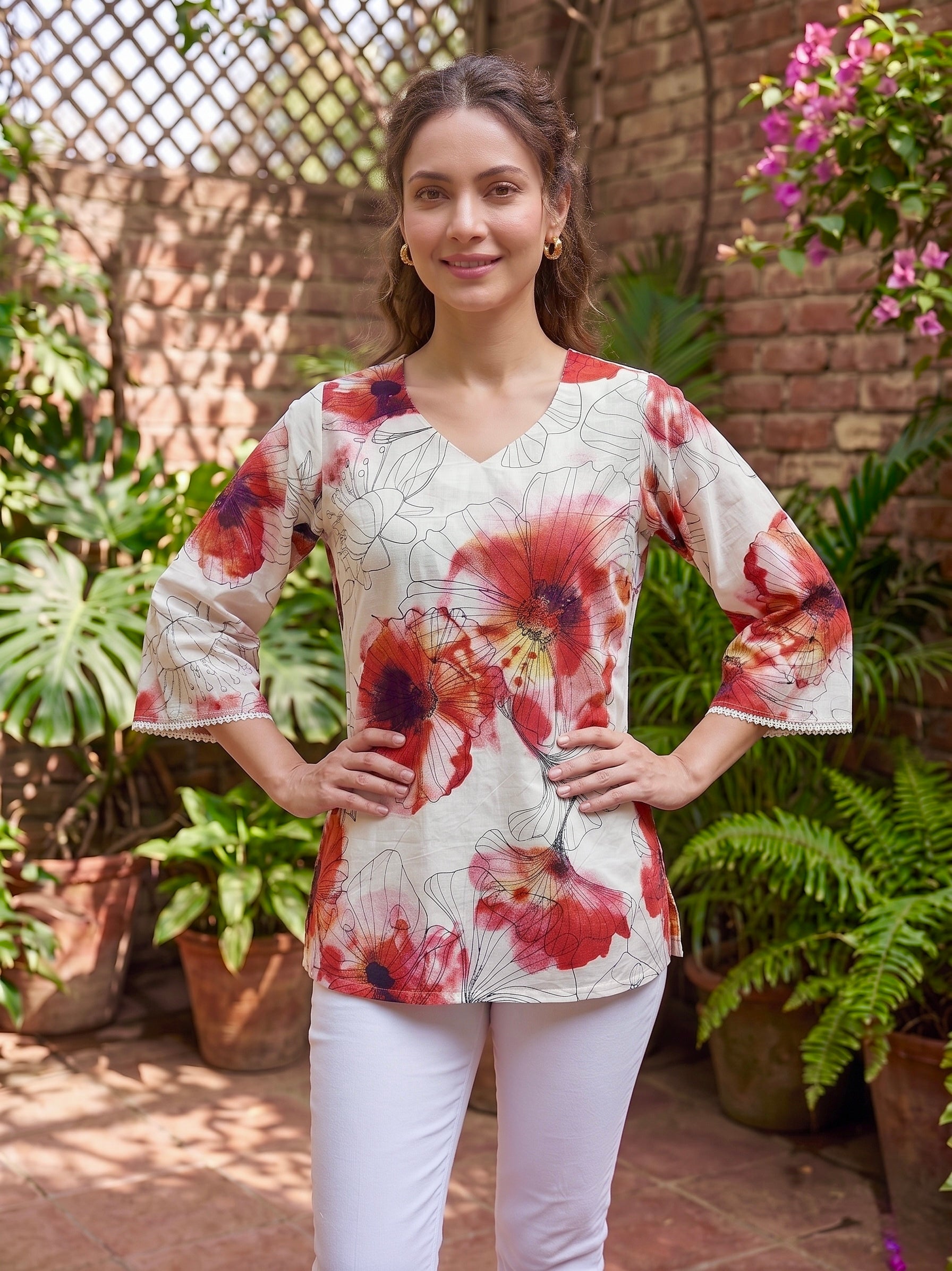 Scarlet Petals: Floral Cotton Short Kurti