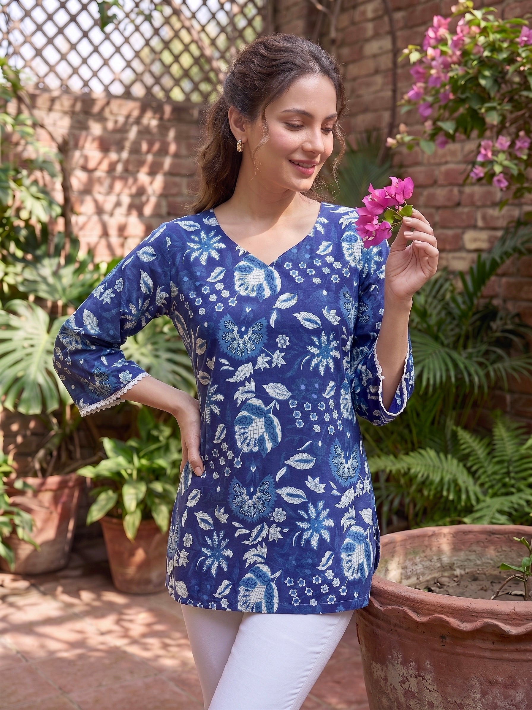 Midnight Bloom: Indigo Floral Cotton Short Kurti