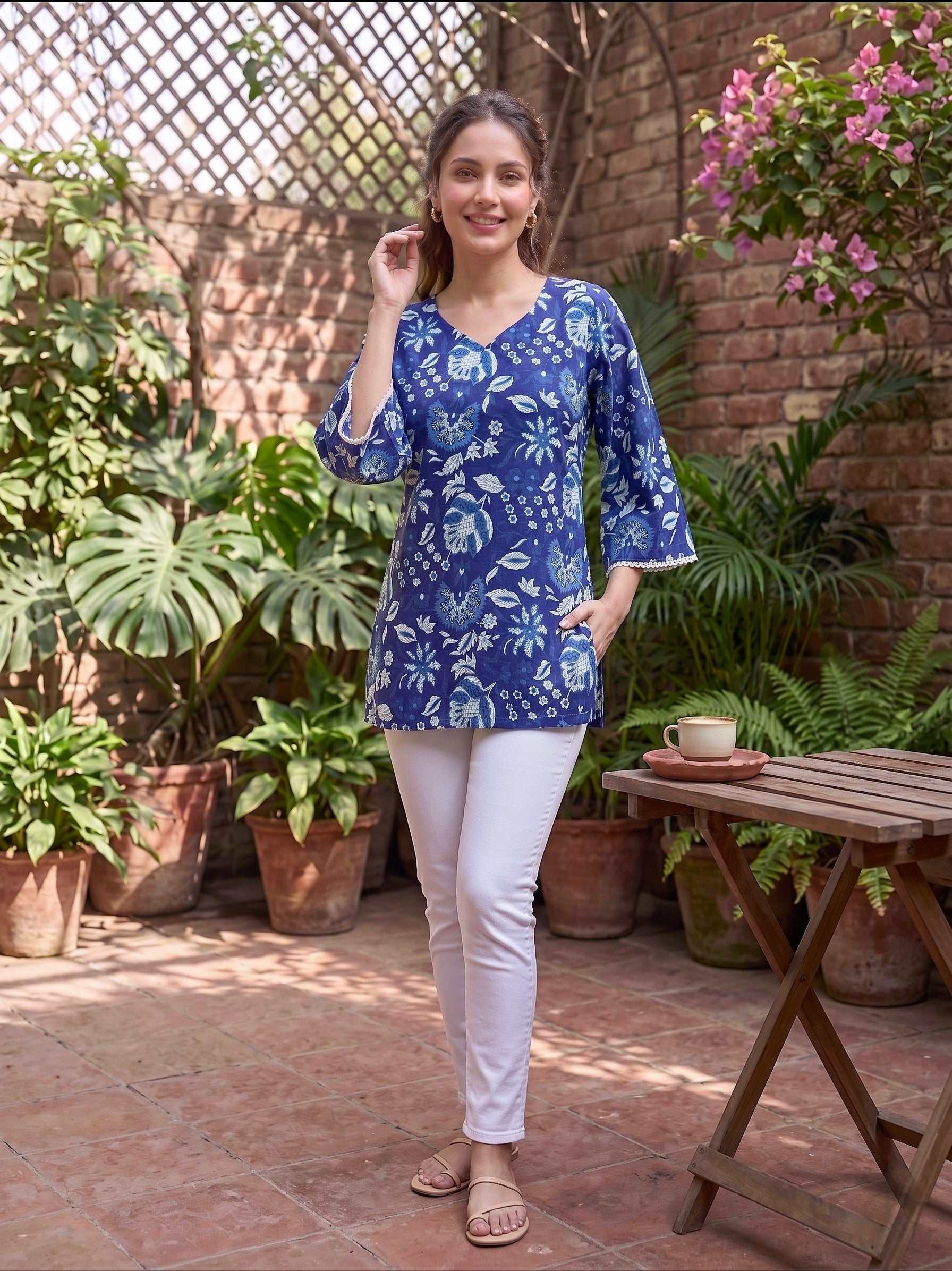 Midnight Bloom: Indigo Floral Cotton Short Kurti