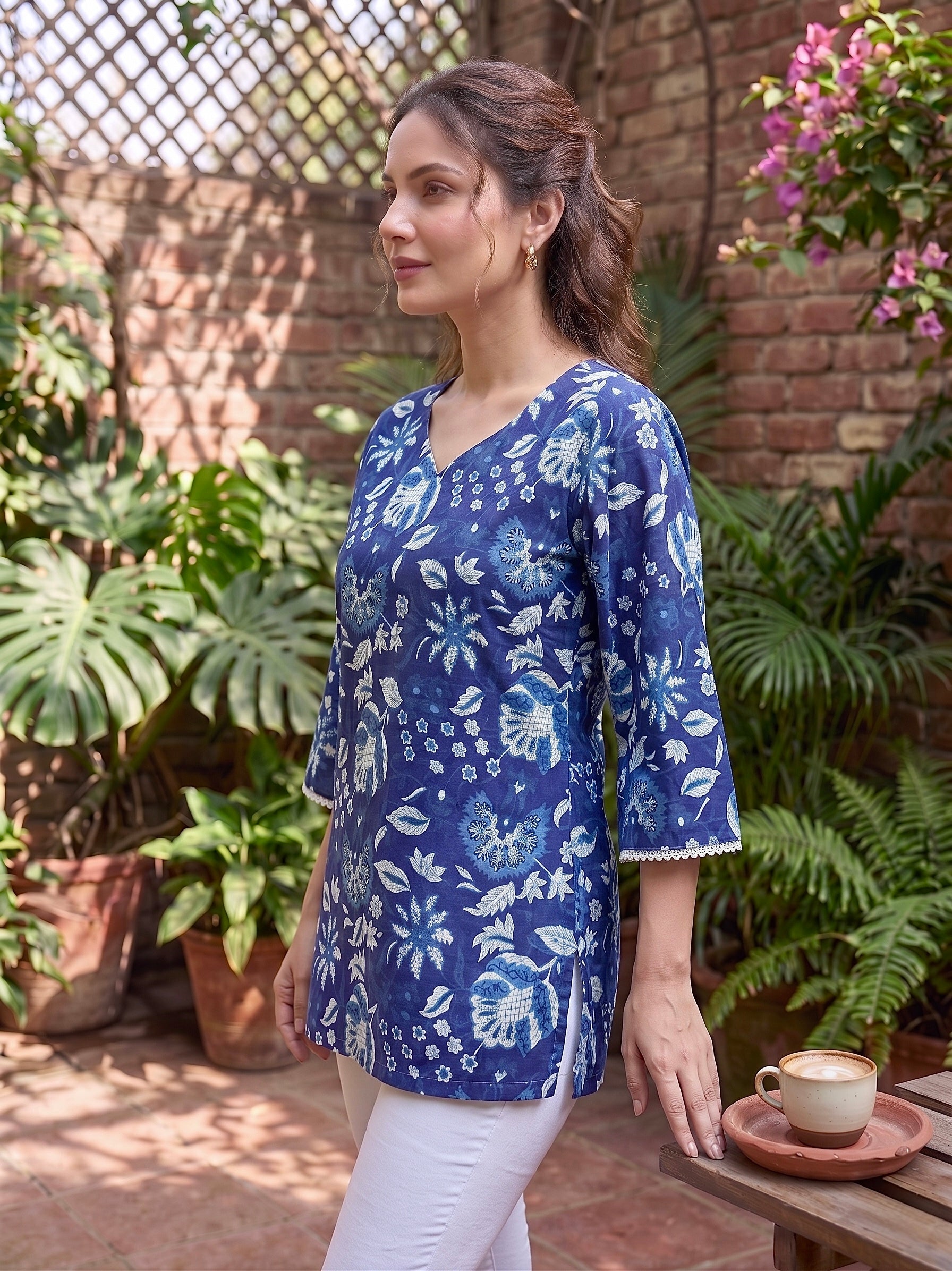 Midnight Bloom: Indigo Floral Cotton Short Kurti