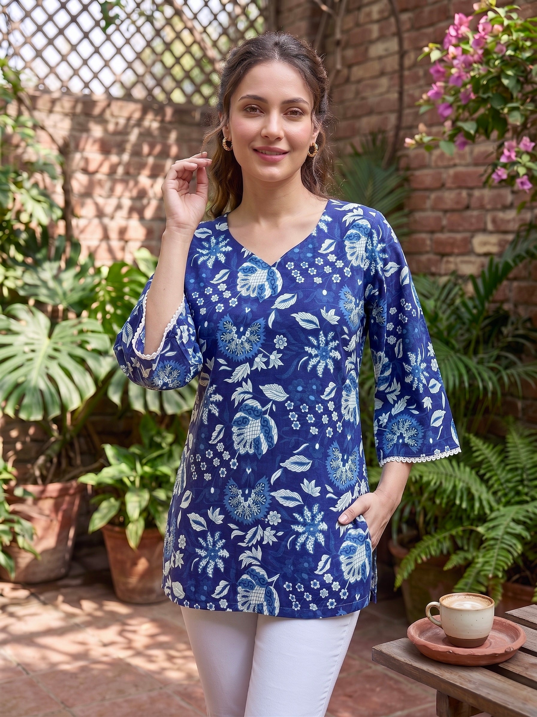 Midnight Bloom: Indigo Floral Cotton Short Kurti