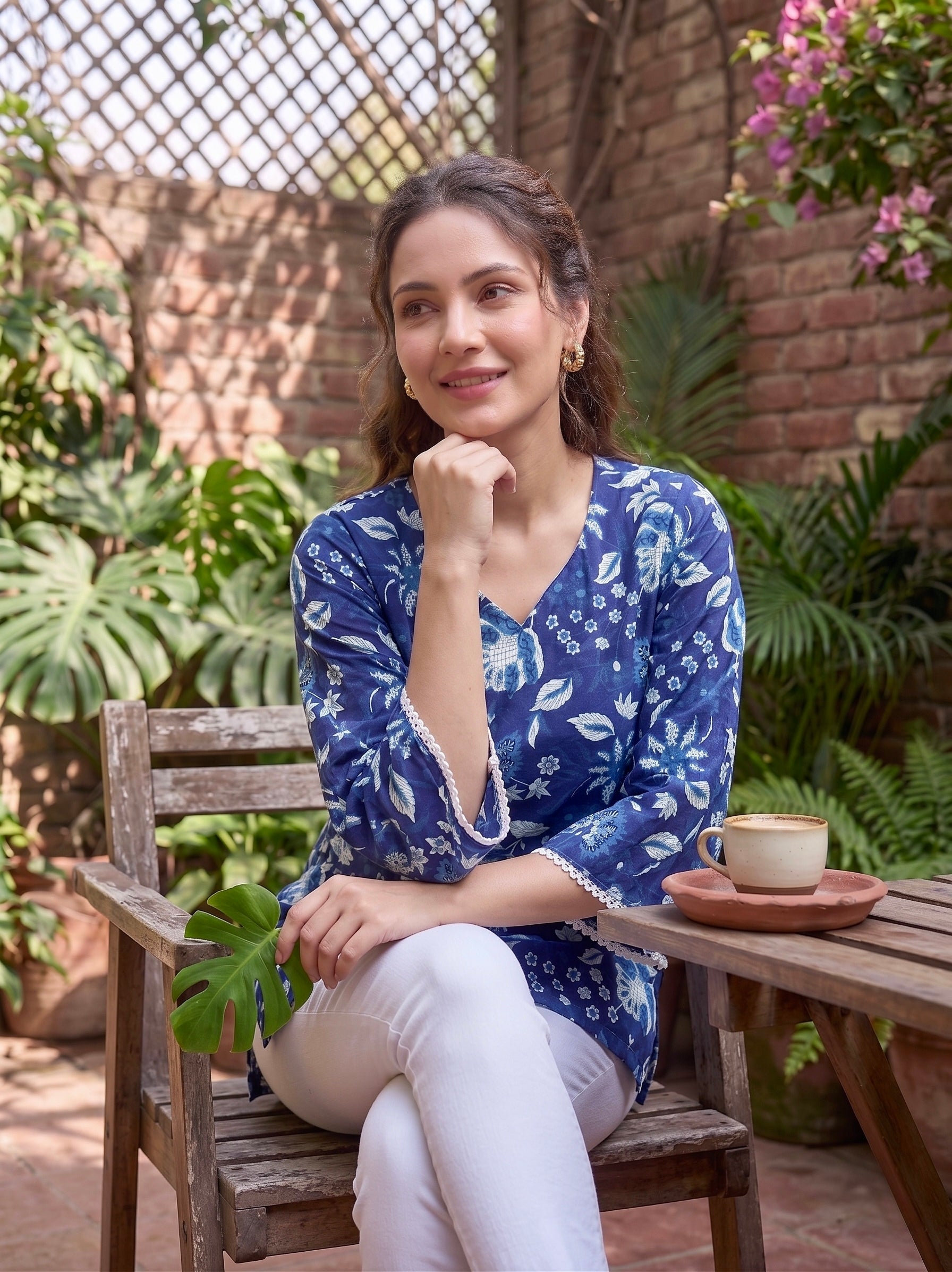 Midnight Bloom: Indigo Floral Cotton Short Kurti