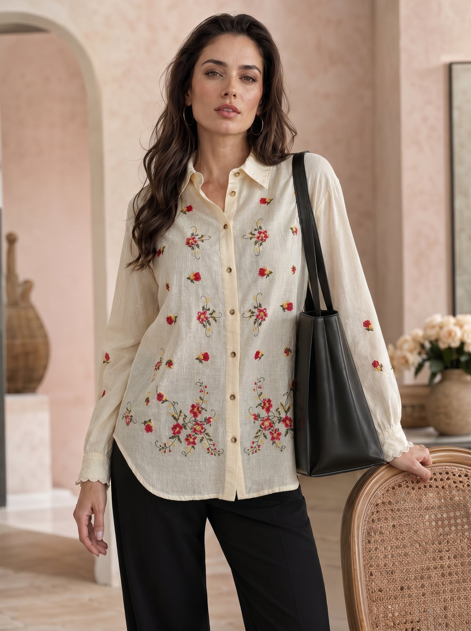Ivory Blossom: Embroidered Cotton Shirt