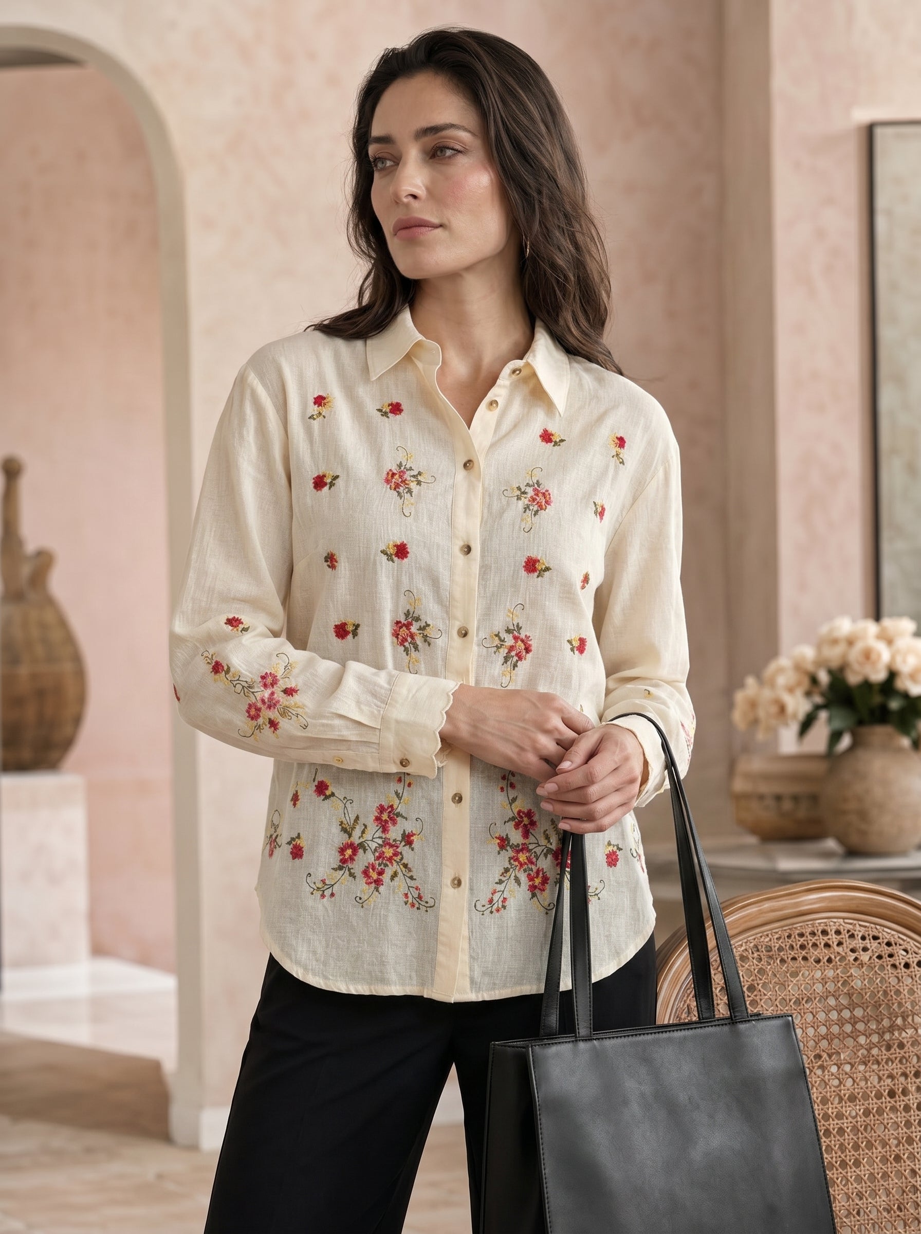 Ivory Blossom: Embroidered Cotton Shirt