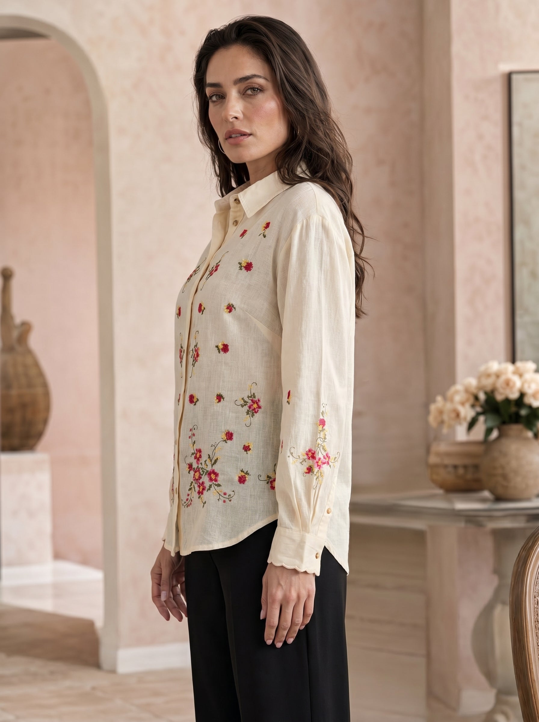 Ivory Blossom: Embroidered Cotton Shirt
