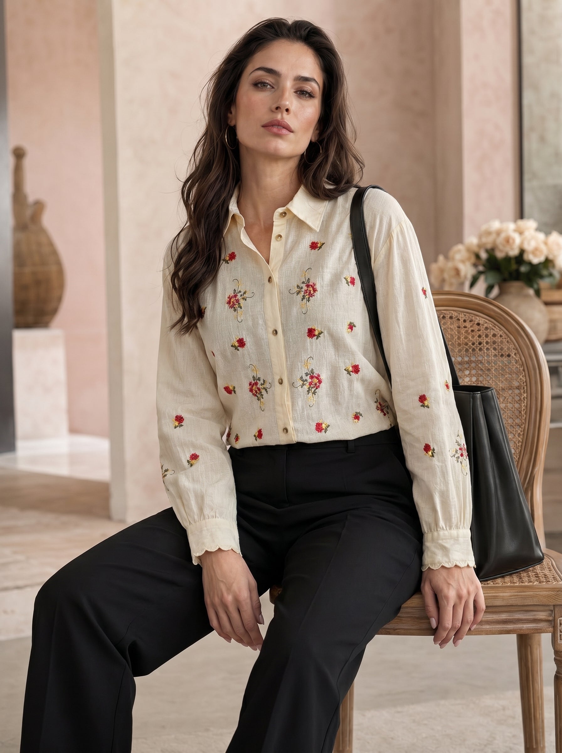 Ivory Blossom: Embroidered Cotton Shirt