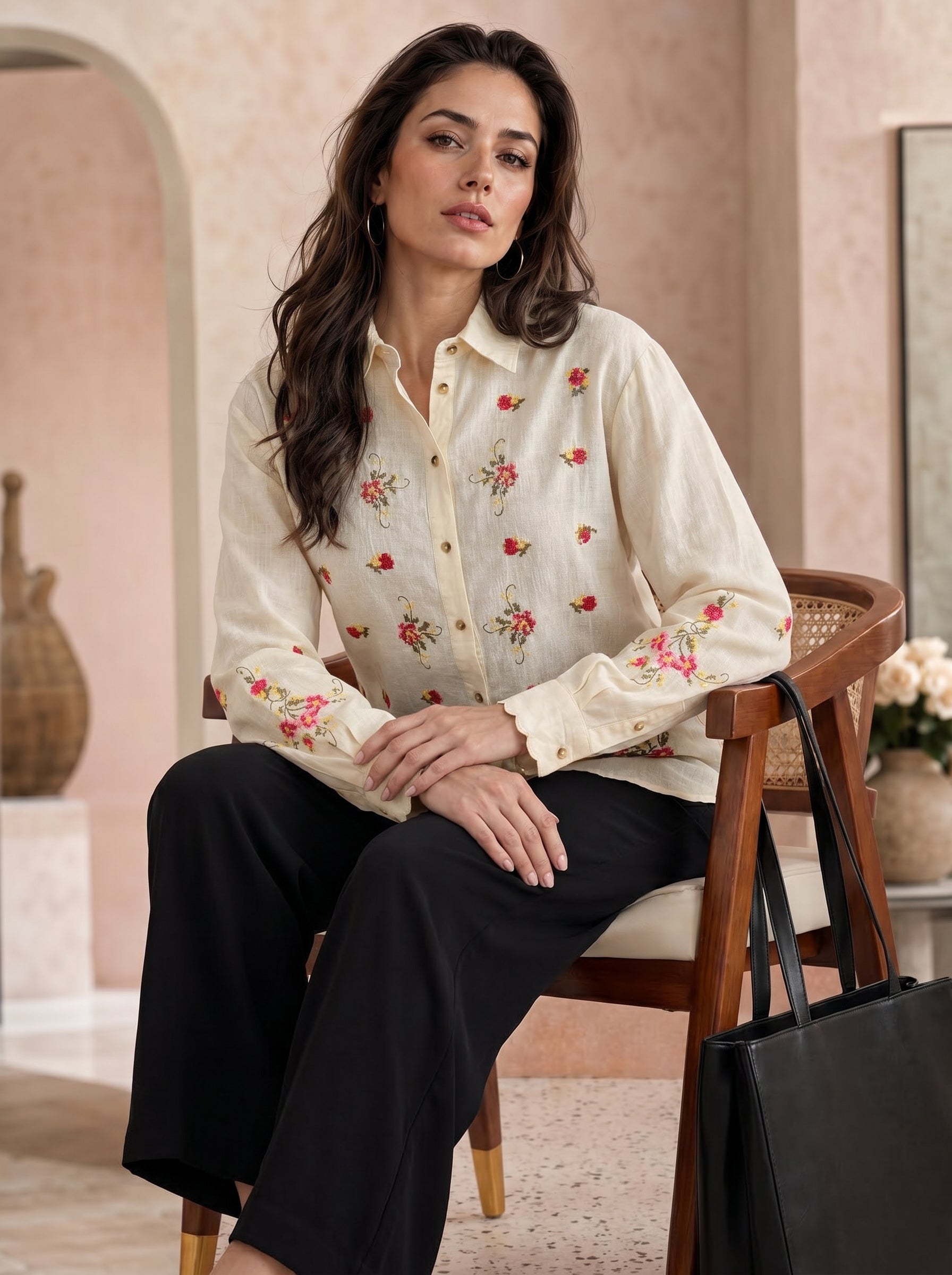 Ivory Blossom: Embroidered Cotton Shirt