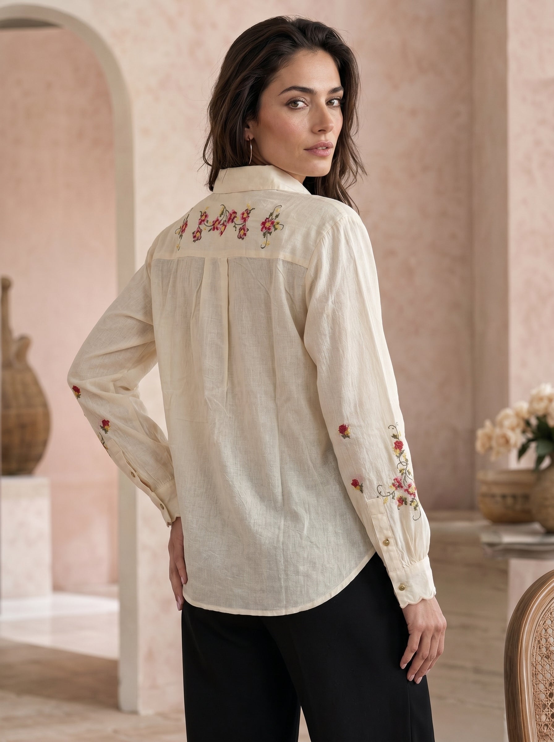 Ivory Blossom: Embroidered Cotton Shirt