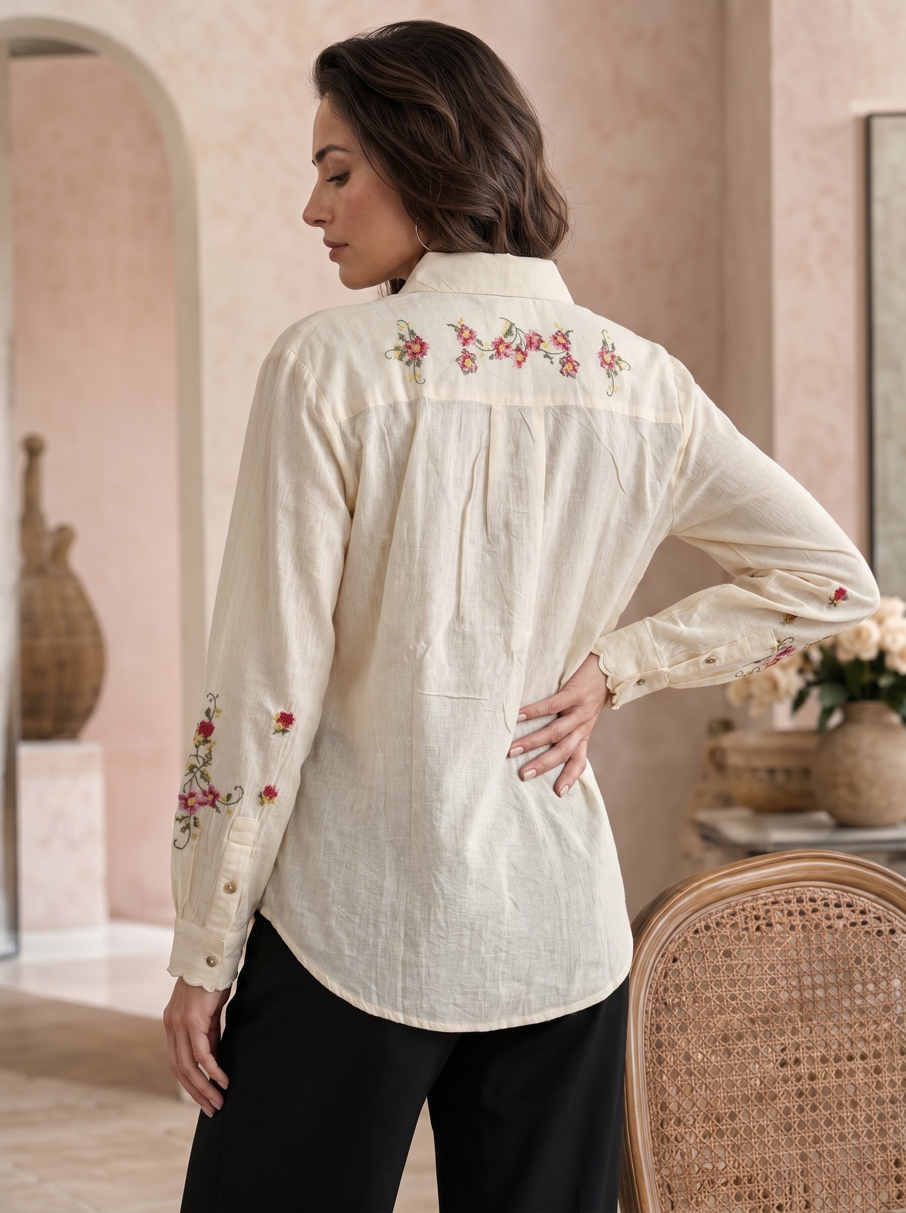 Ivory Blossom: Embroidered Cotton Shirt